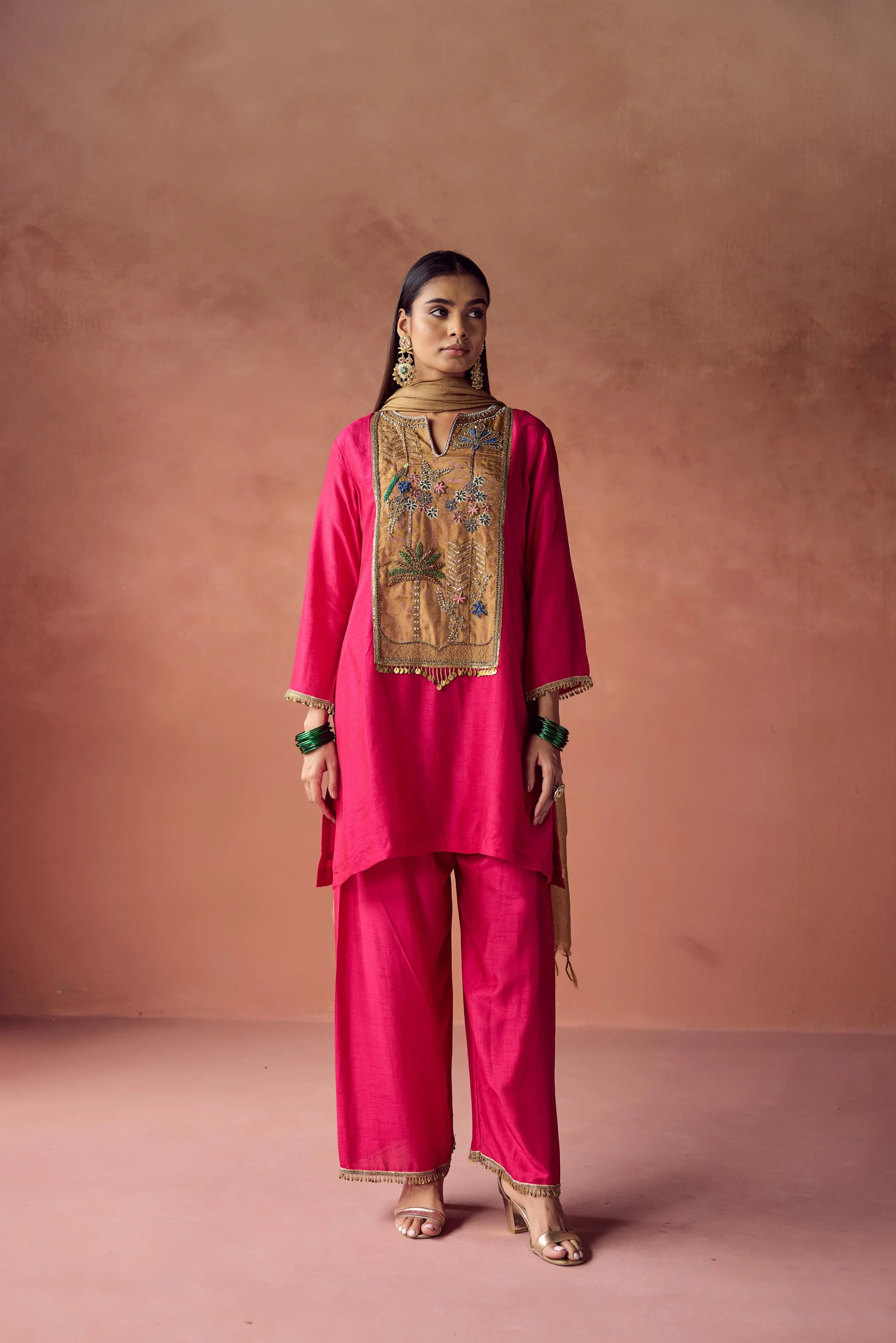 Hot Pink Embellished Raw Silk Palazzo Set - Image 4