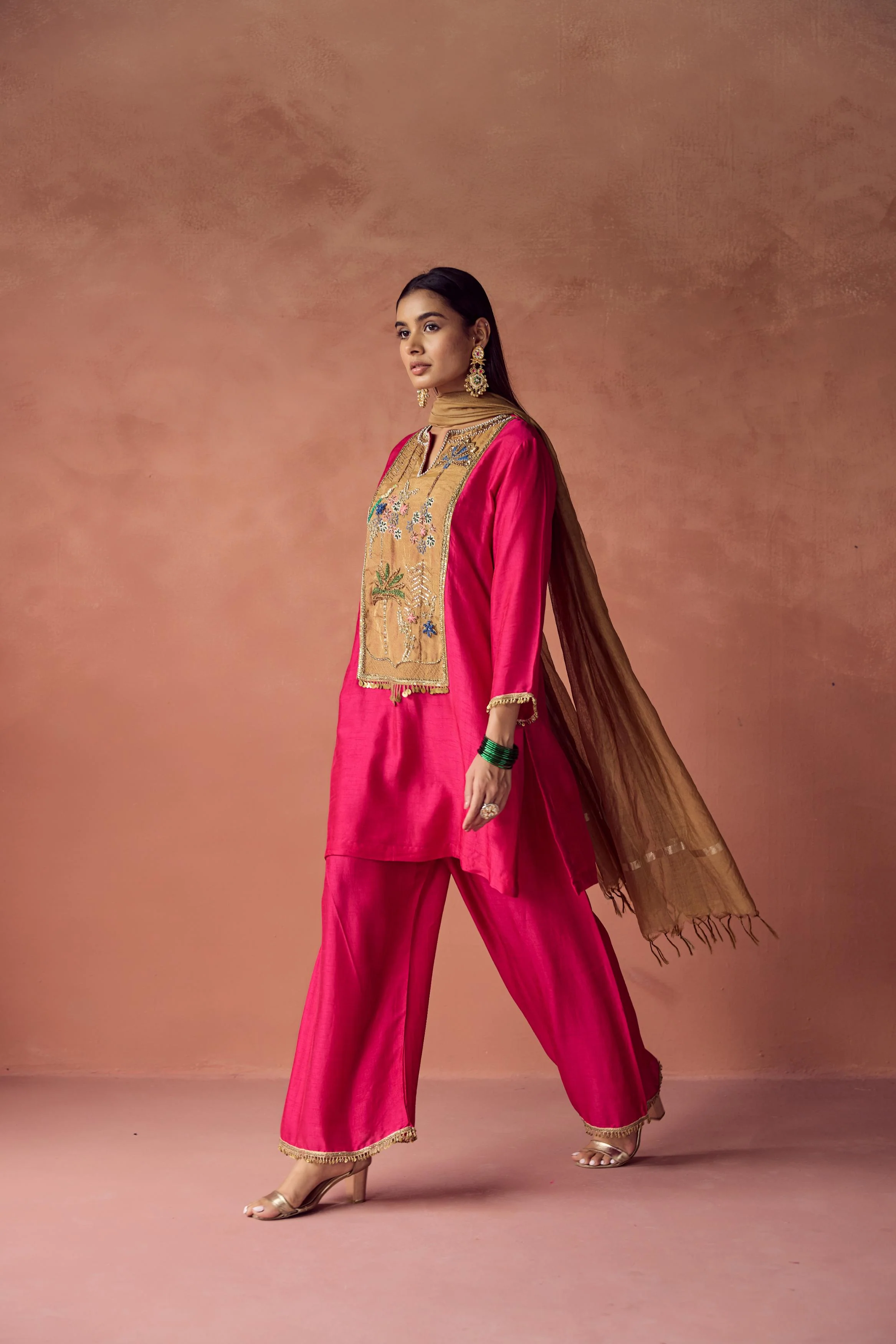 Hot Pink Embellished Raw Silk Palazzo Set - Image 5