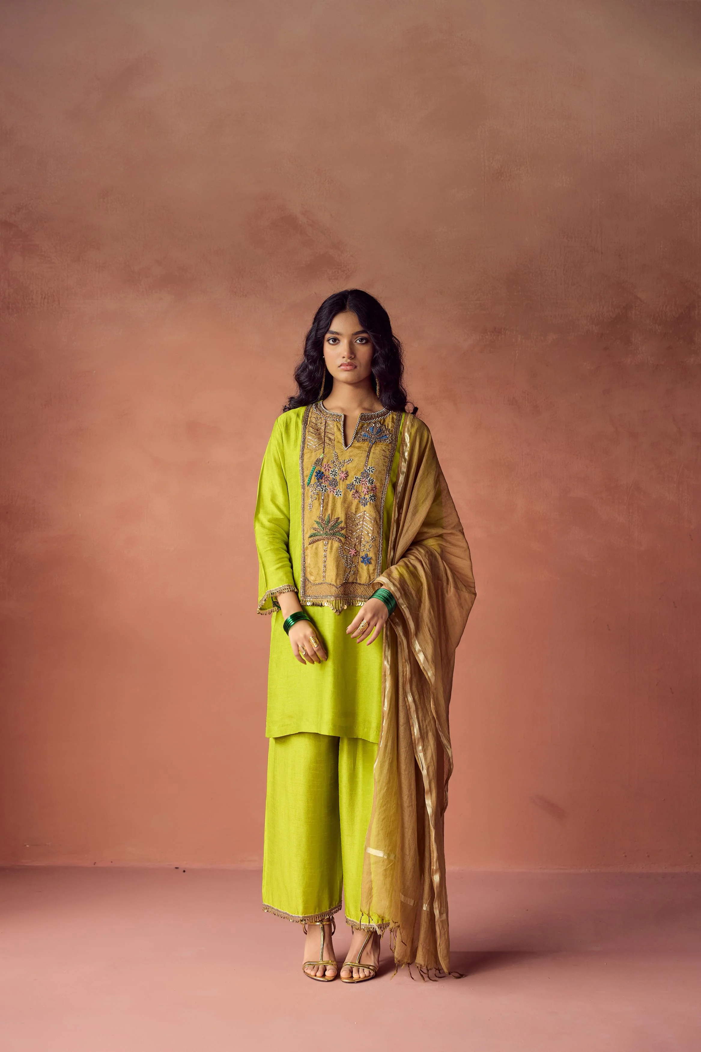 Bright Green Embellished Raw Silk Palazzo Set - Image 3