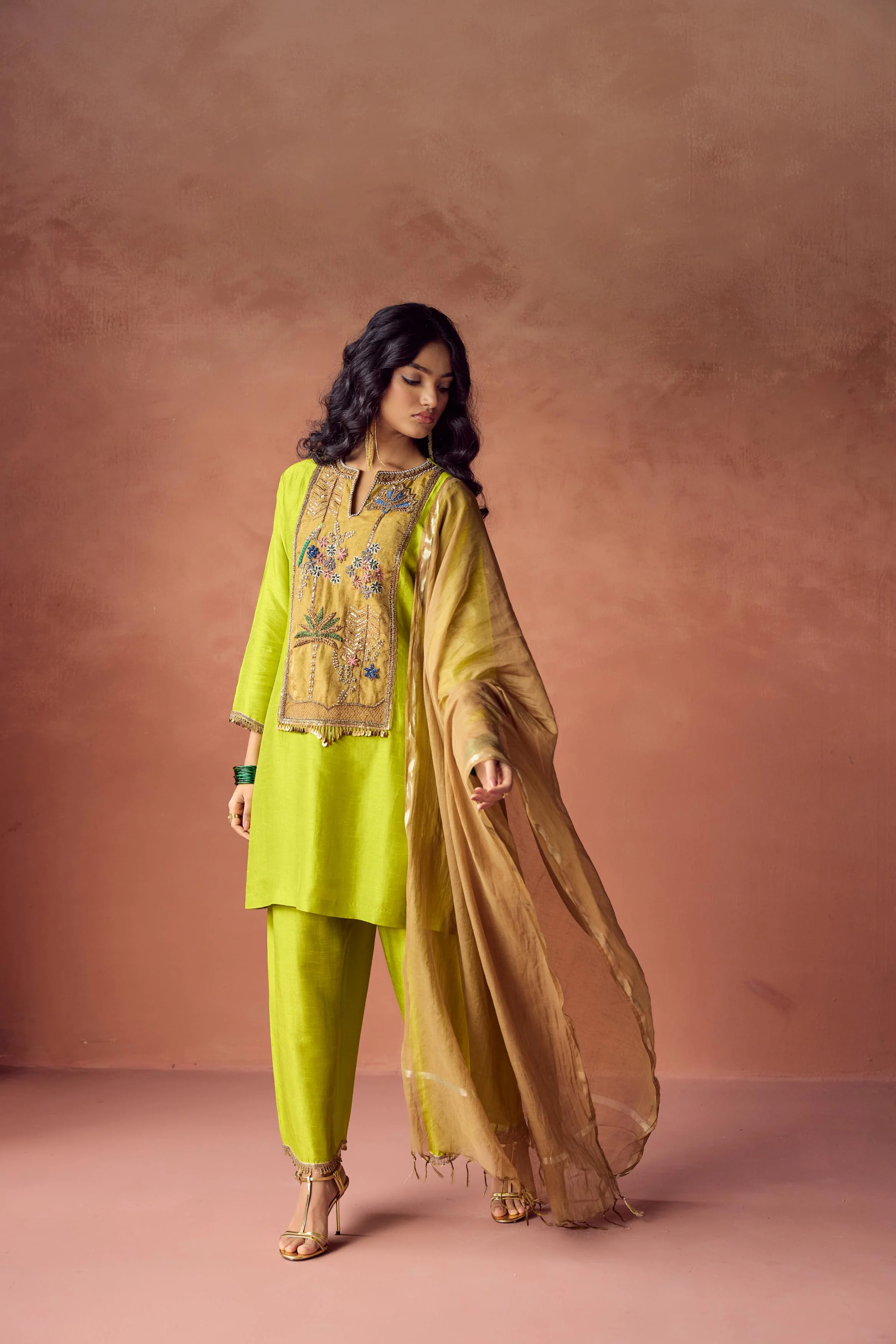 Bright Green Embellished Raw Silk Palazzo Set - Image 4