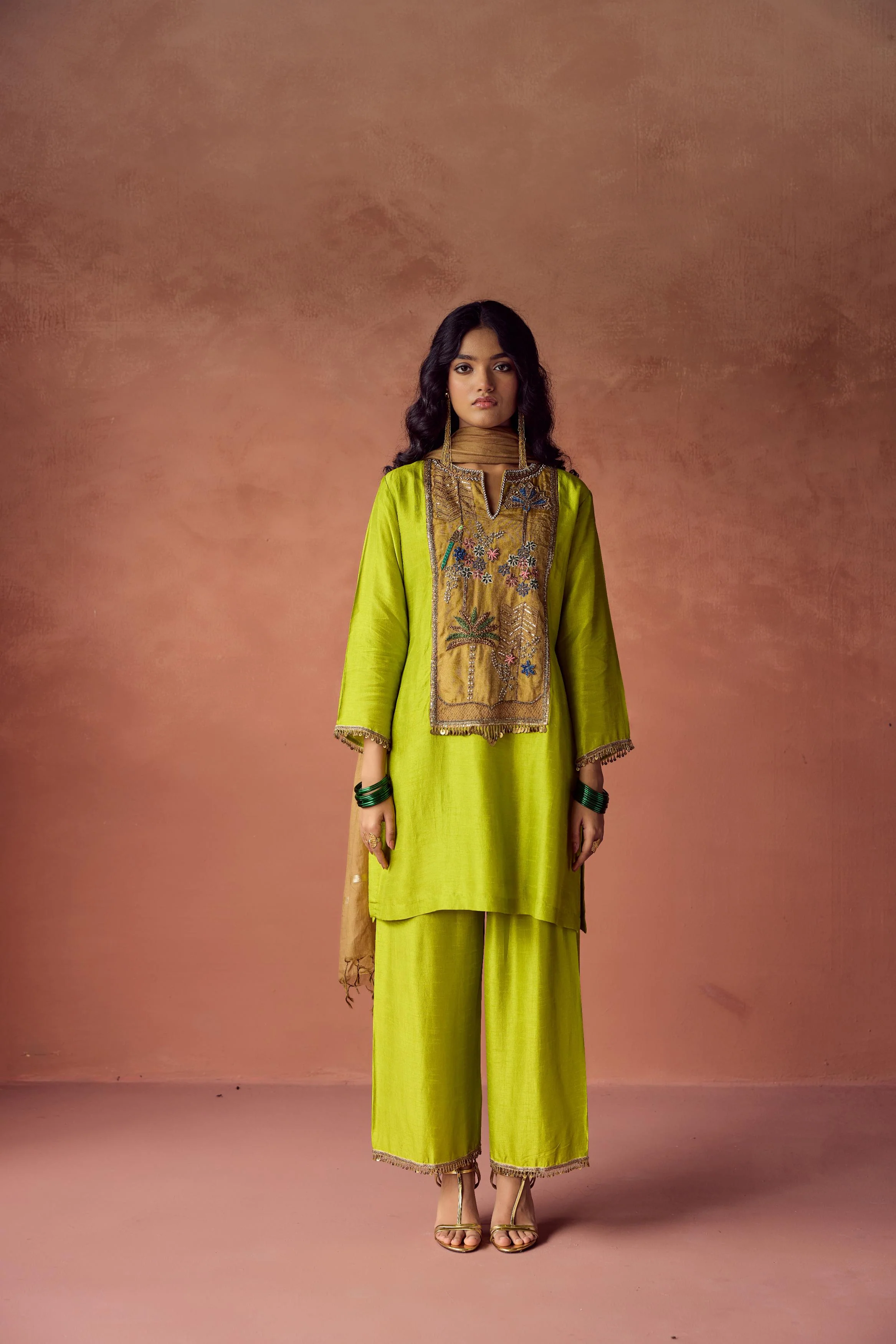 Bright Green Embellished Raw Silk Palazzo Set - Image 5