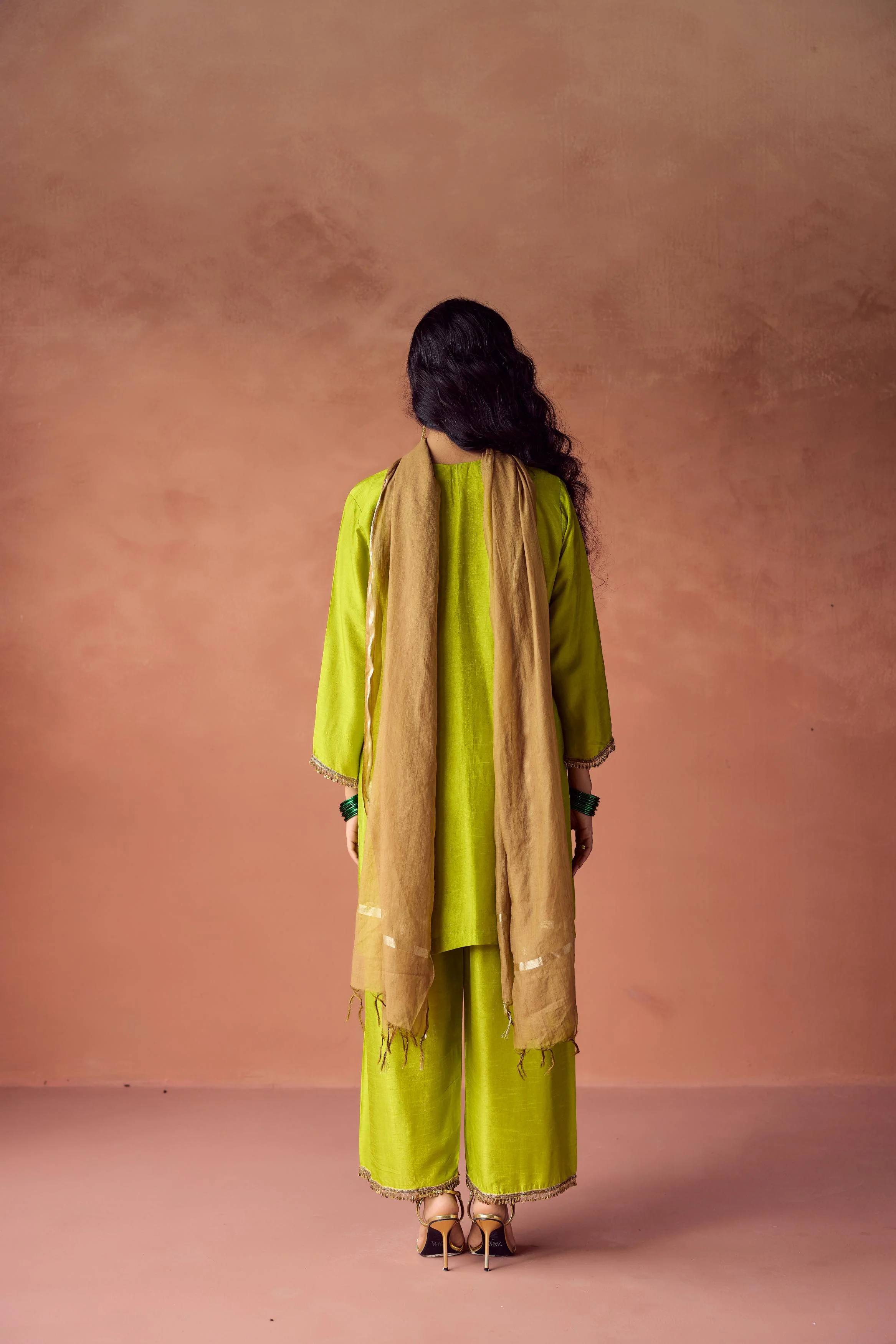 Bright Green Embellished Raw Silk Palazzo Set - Image 6