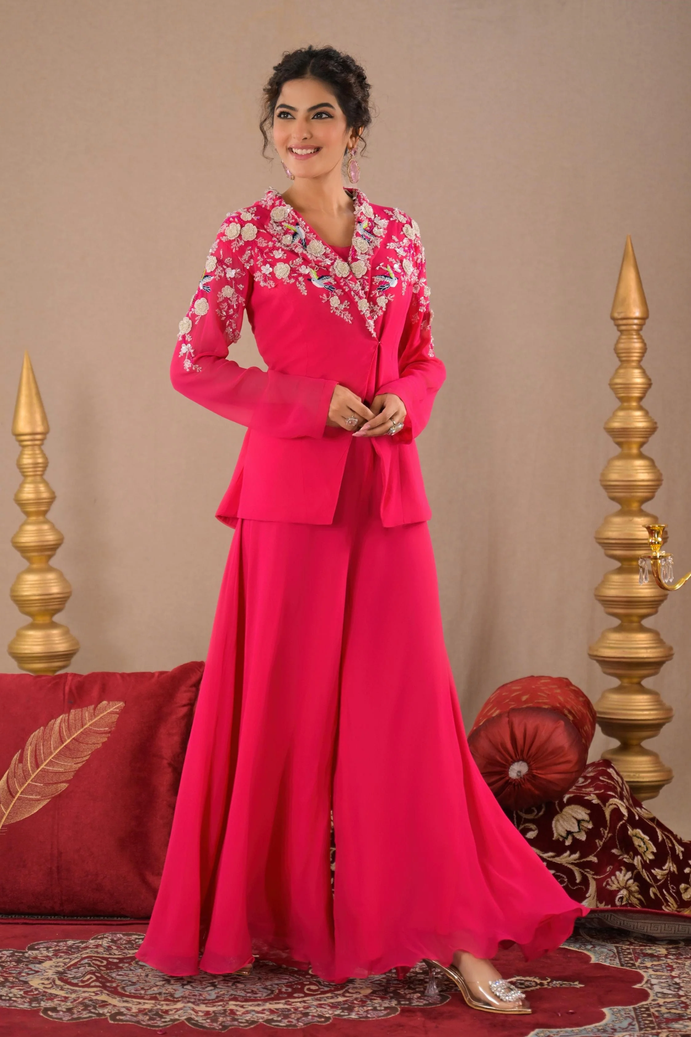 Hot Pink Embroidered Georgette Silk Jacket & Palazzo Set - Image 3