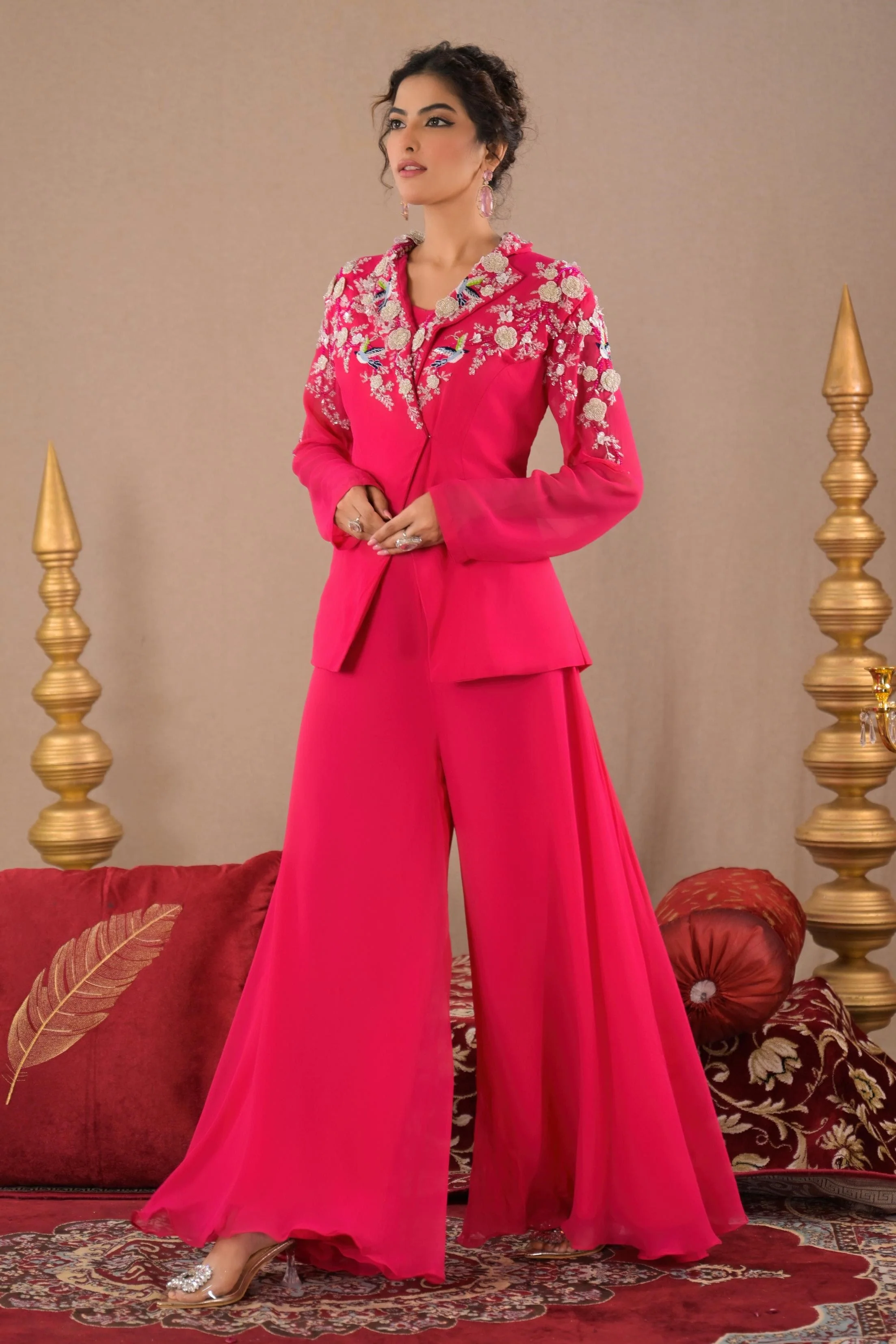 Hot Pink Embroidered Georgette Silk Jacket & Palazzo Set - Image 4
