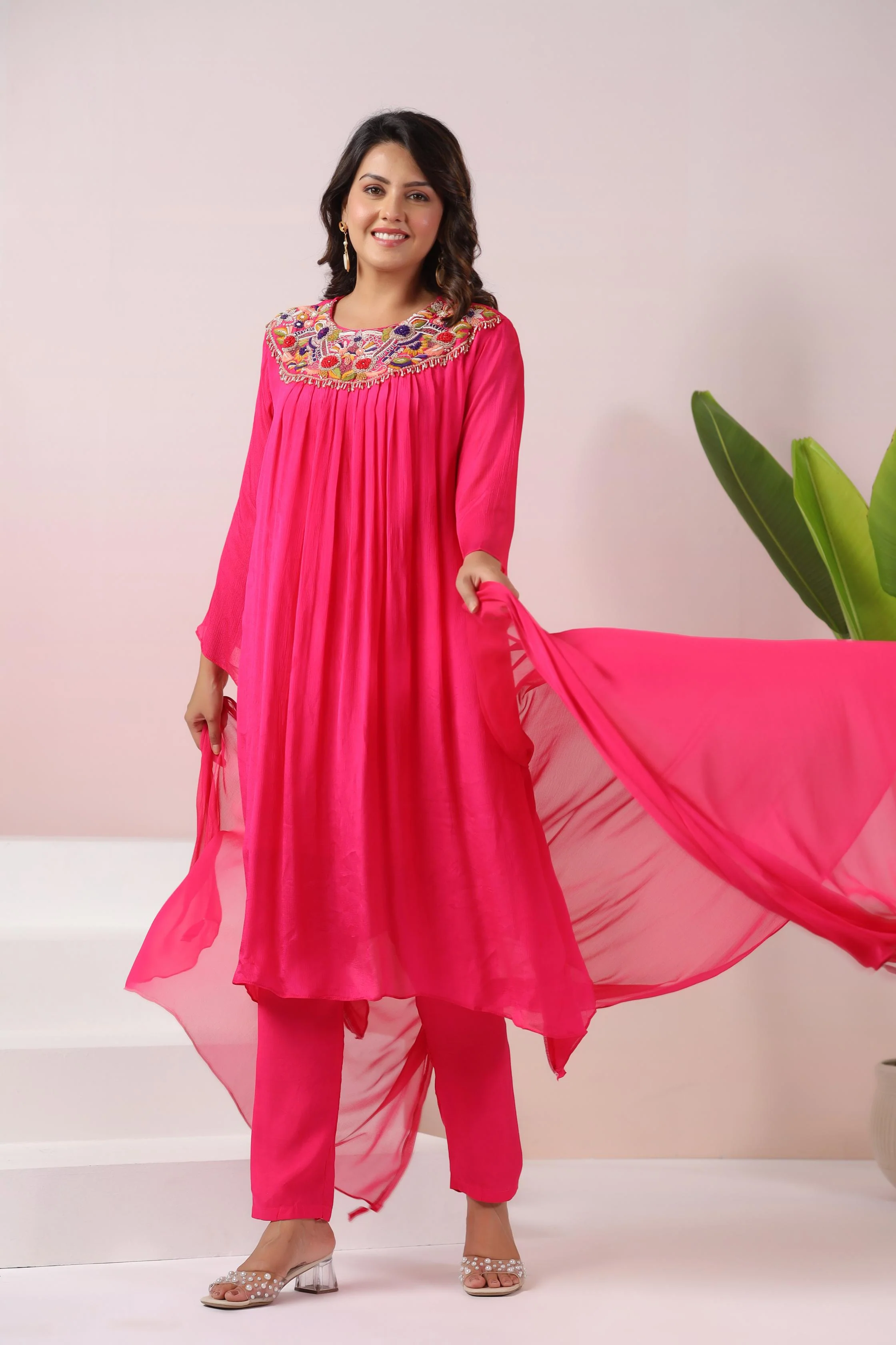 Hot Pink Embroidered Pure Chinon Silk Pants Set - Image 3