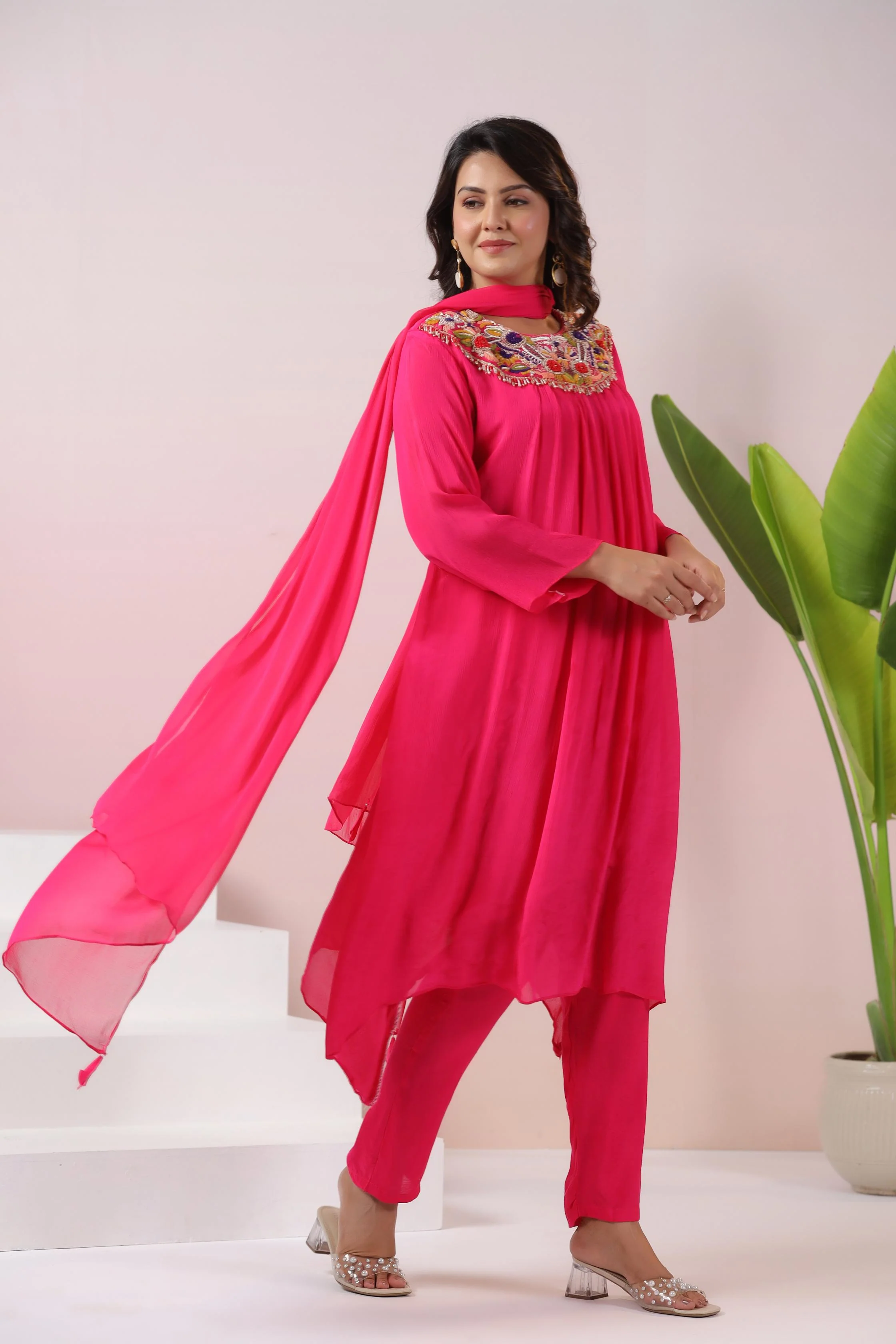 Hot Pink Embroidered Pure Chinon Silk Pants Set - Image 4