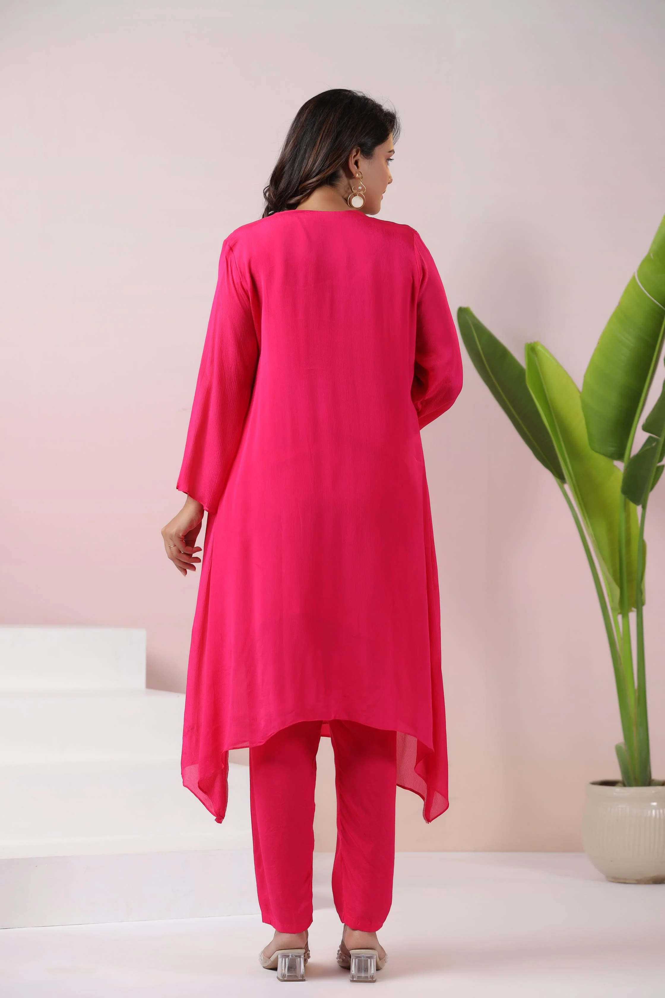 Hot Pink Embroidered Pure Chinon Silk Pants Set - Image 5