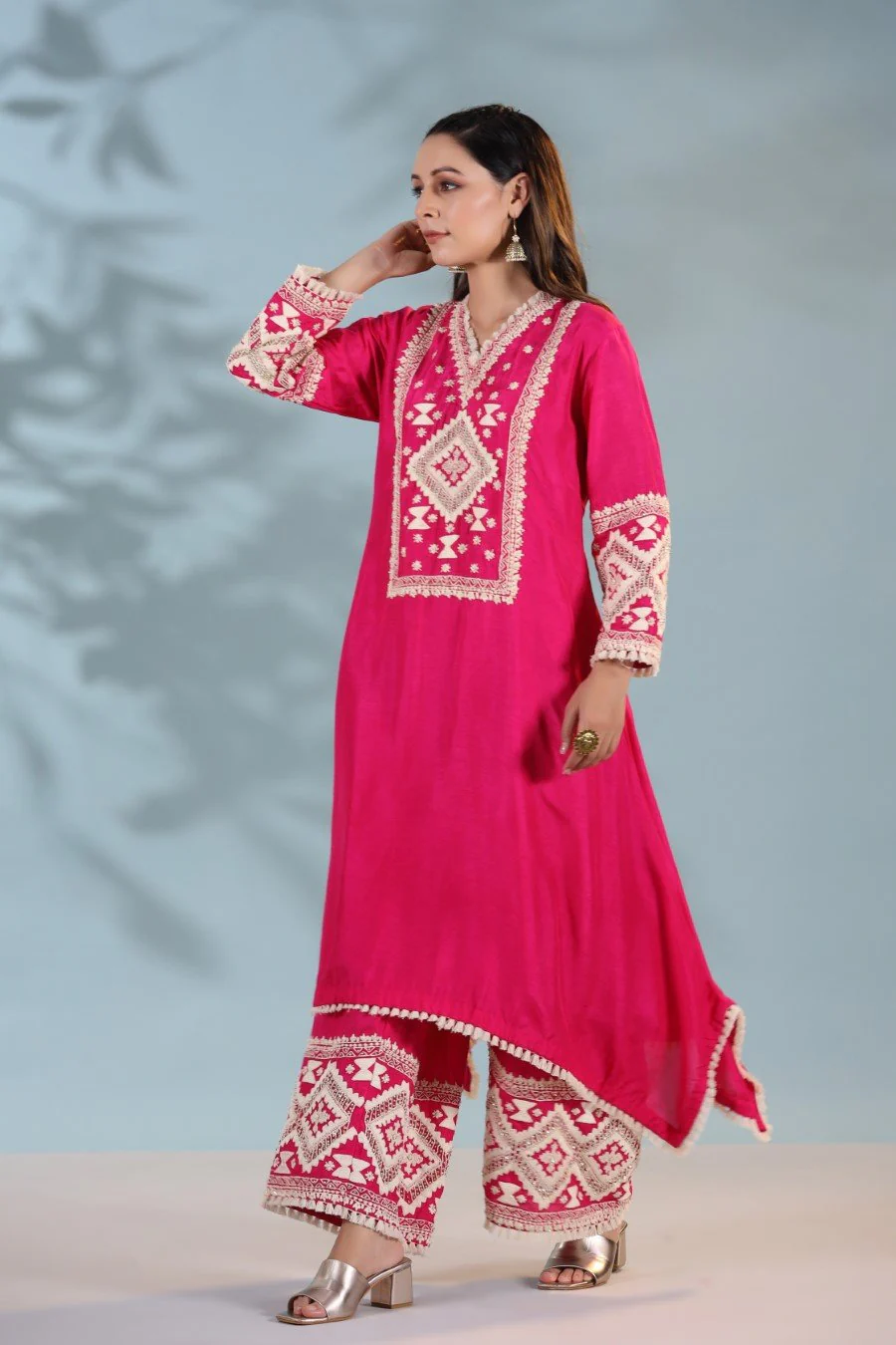 Hot Pink Kashmiri Embroidered Kurta with Palazzo - Image 3
