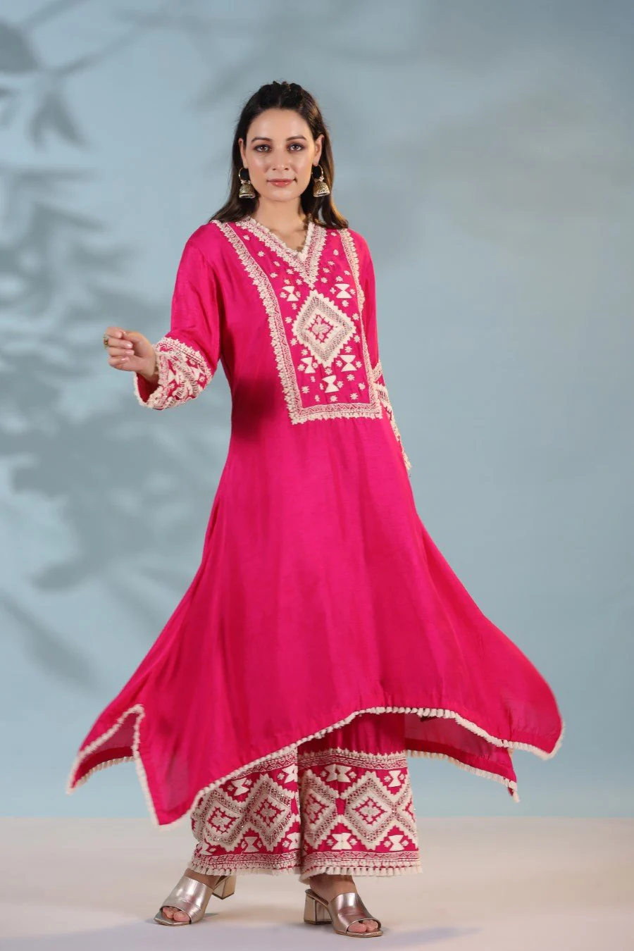 Hot Pink Kashmiri Embroidered Kurta with Palazzo - Image 4