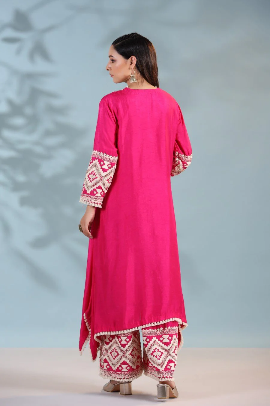 Hot Pink Kashmiri Embroidered Kurta with Palazzo - Image 5