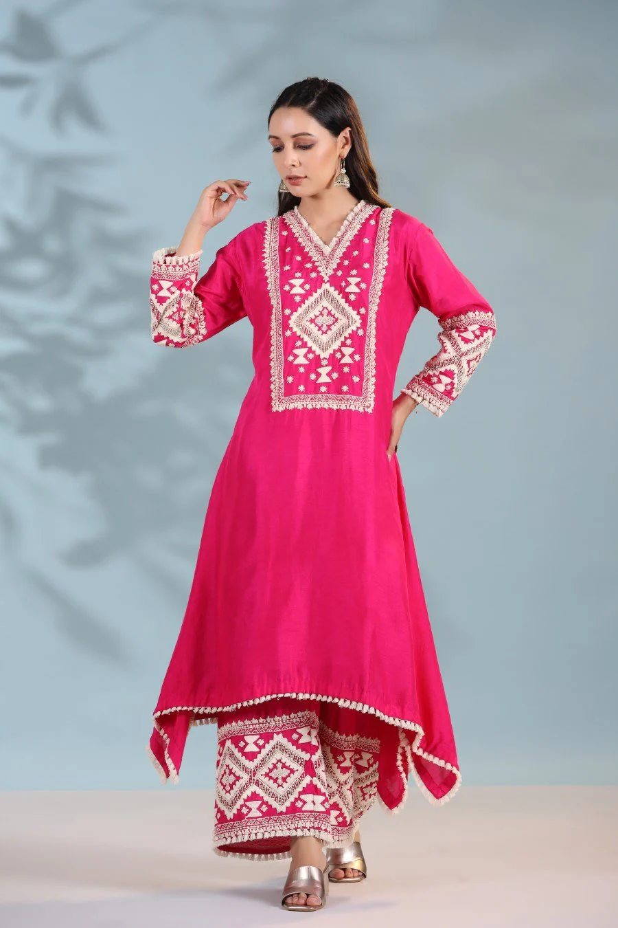 Hot Pink Kashmiri Embroidered Kurta with Palazzo - Image 6