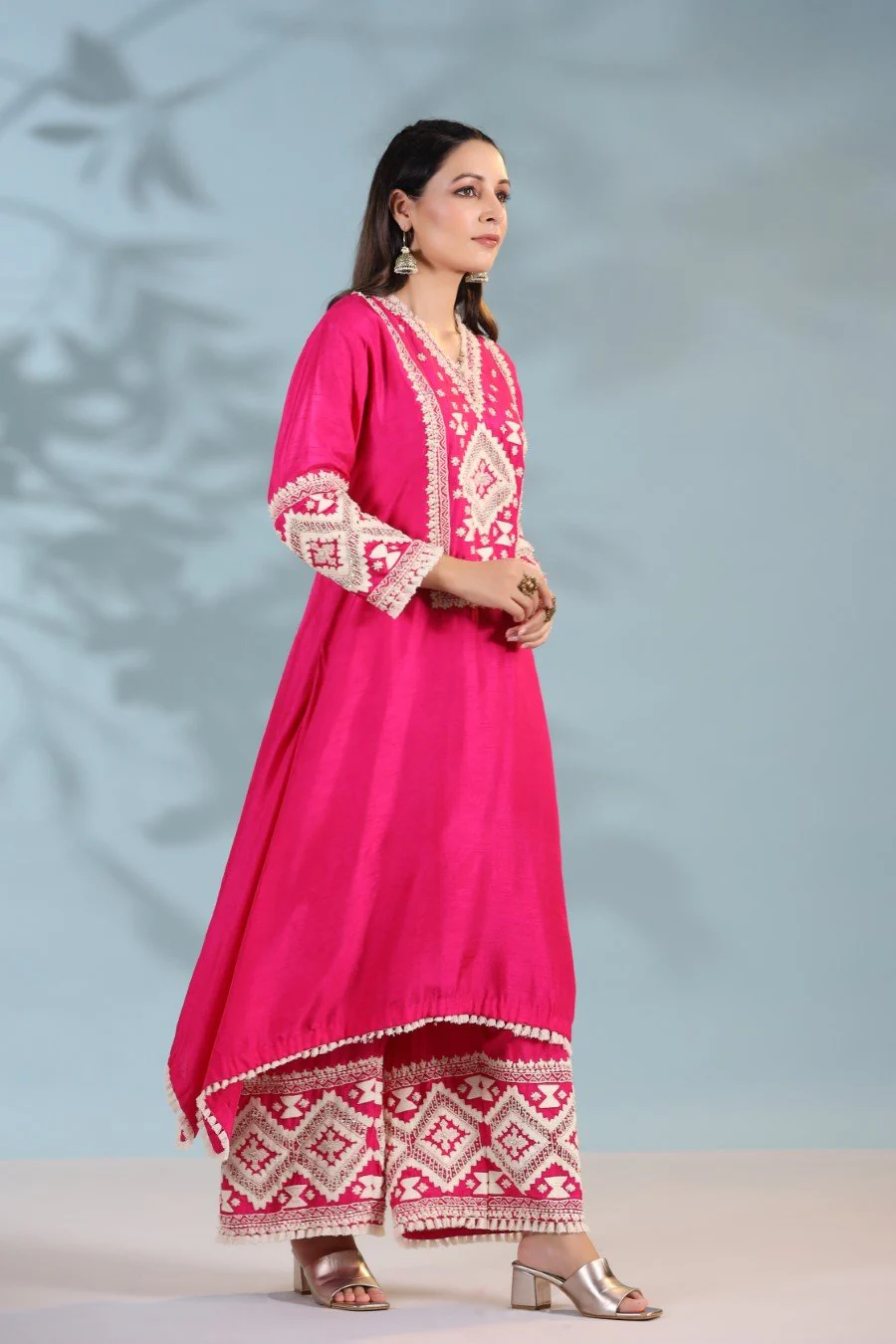 Hot Pink Kashmiri Embroidered Kurta with Palazzo - Image 7