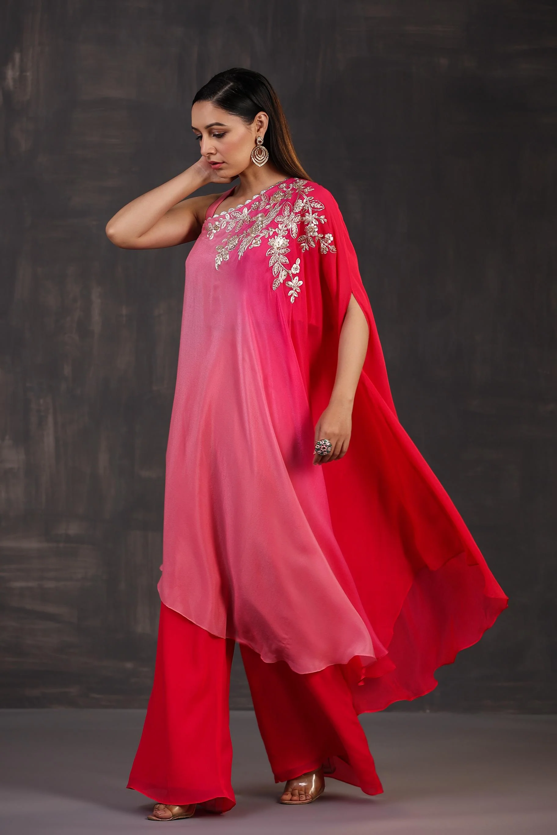 Hot Pink Ombre-Dyed Premium Georgette Silk Palazzo Set - Image 3