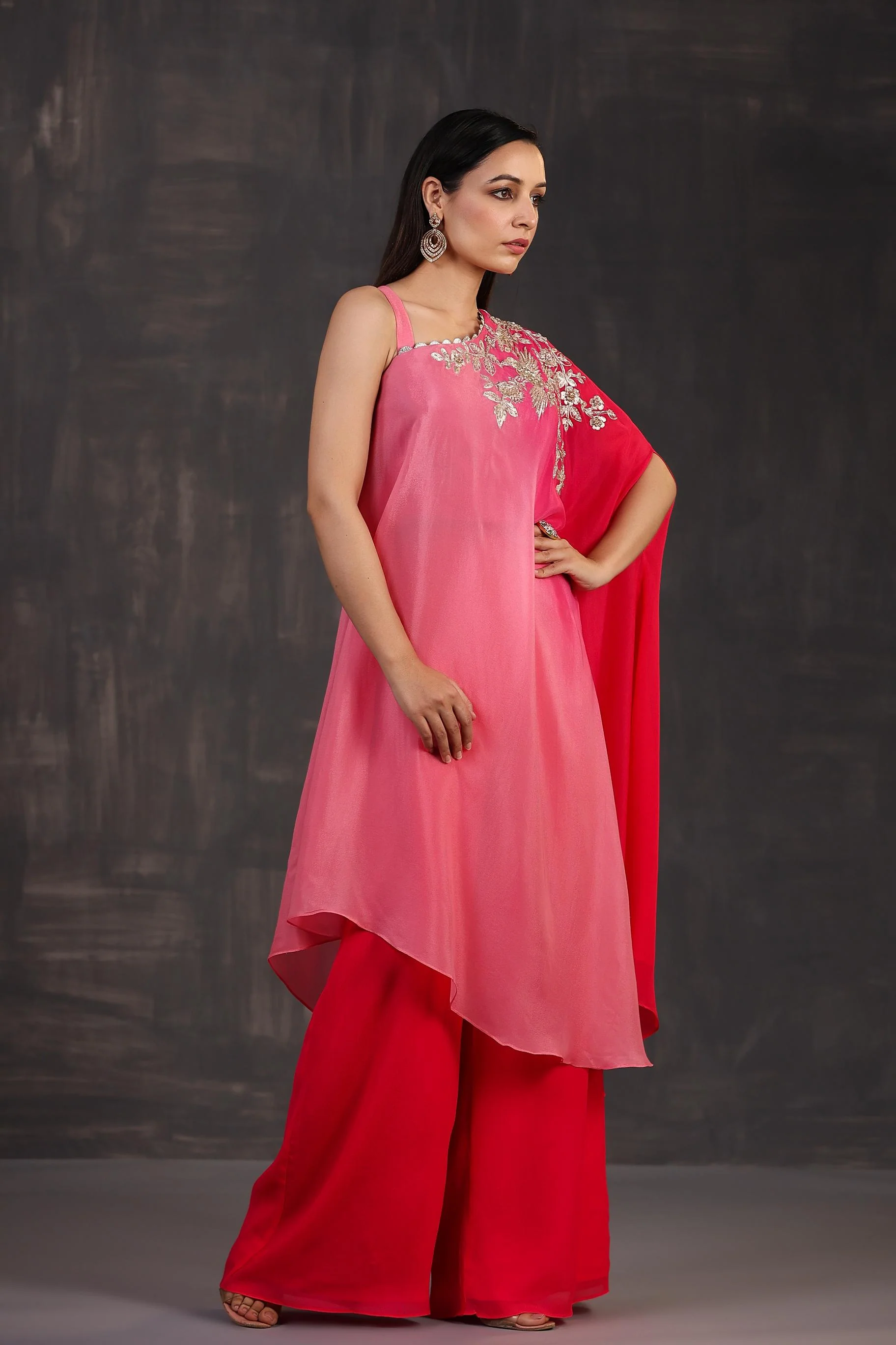 Hot Pink Ombre-Dyed Premium Georgette Silk Palazzo Set - Image 4