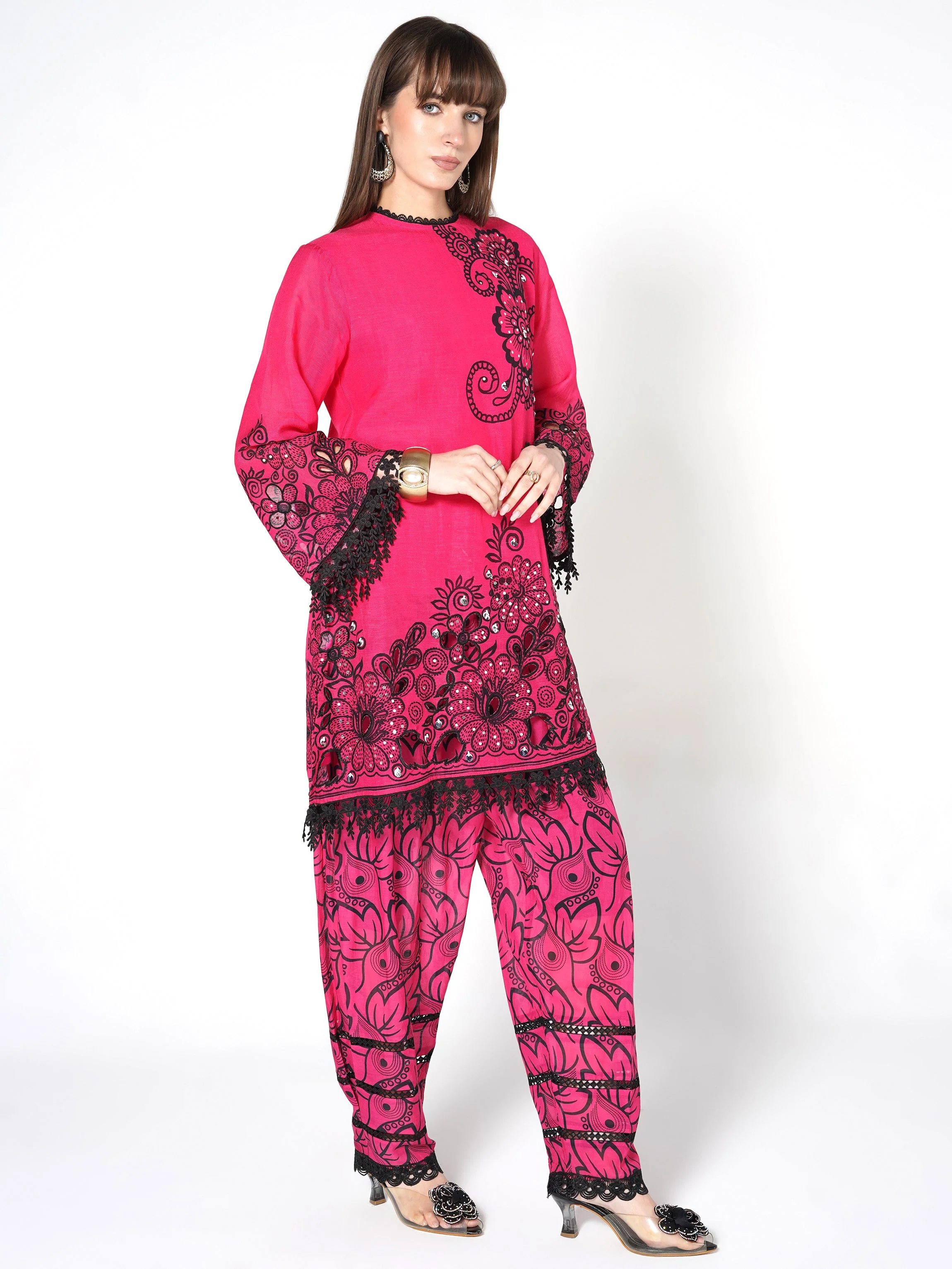 Hot Pink Printed Linen Silk Co-Ord Set - Image 4