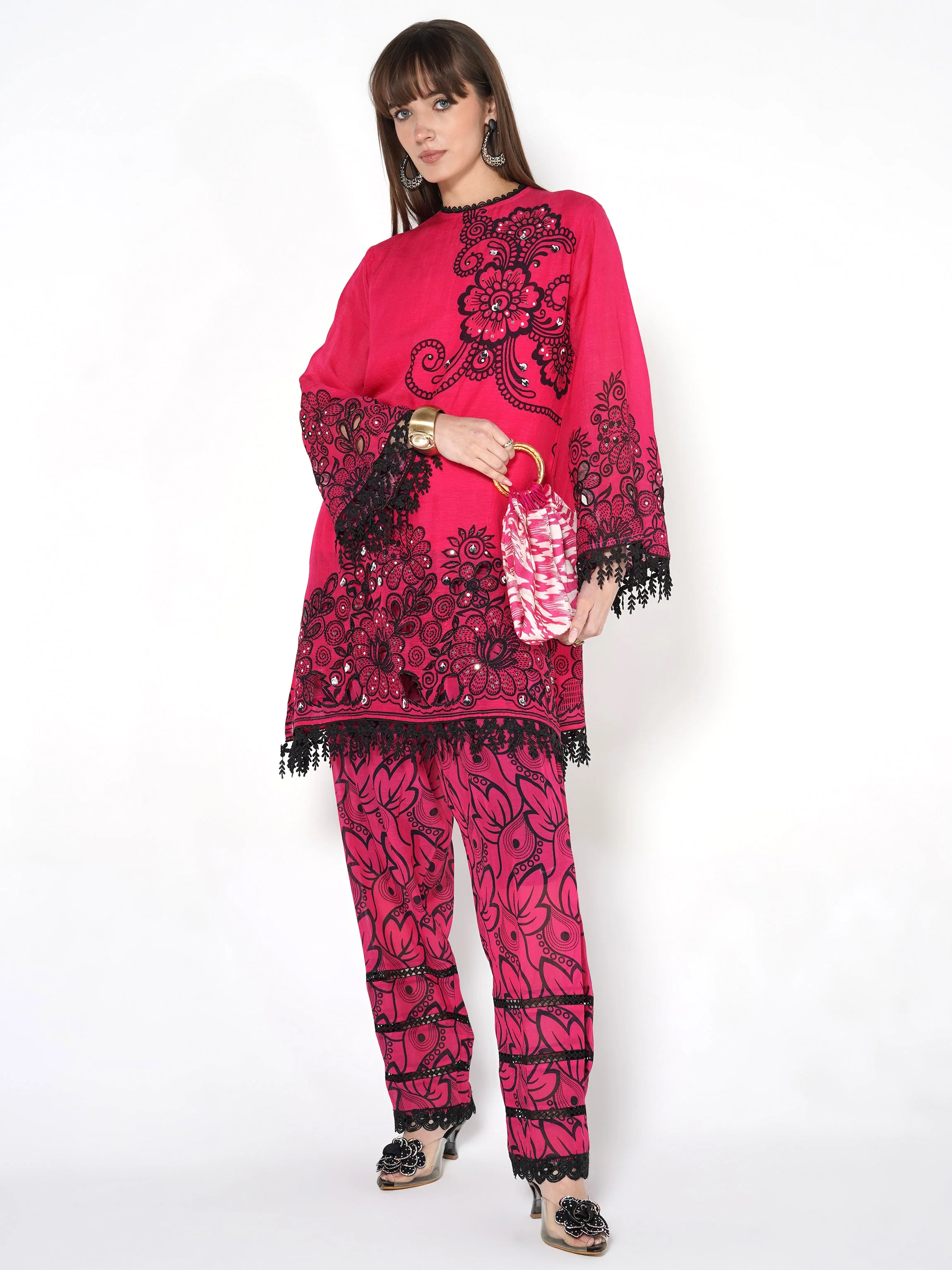 Hot Pink Printed Linen Silk Co-Ord Set - Image 5