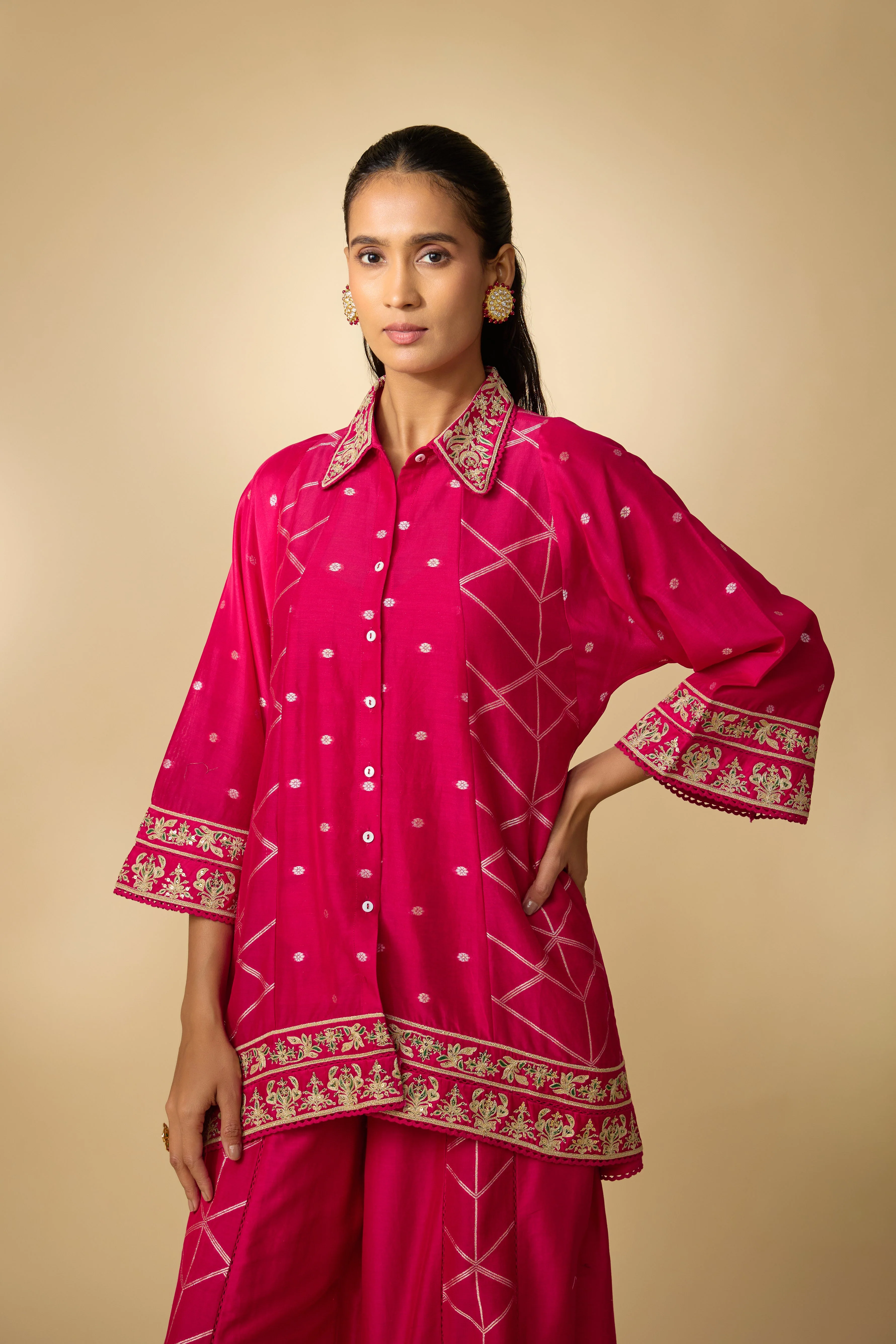 Rani Pink  Embellished Slub Cotton Silk Co-Ord Set - Image 2