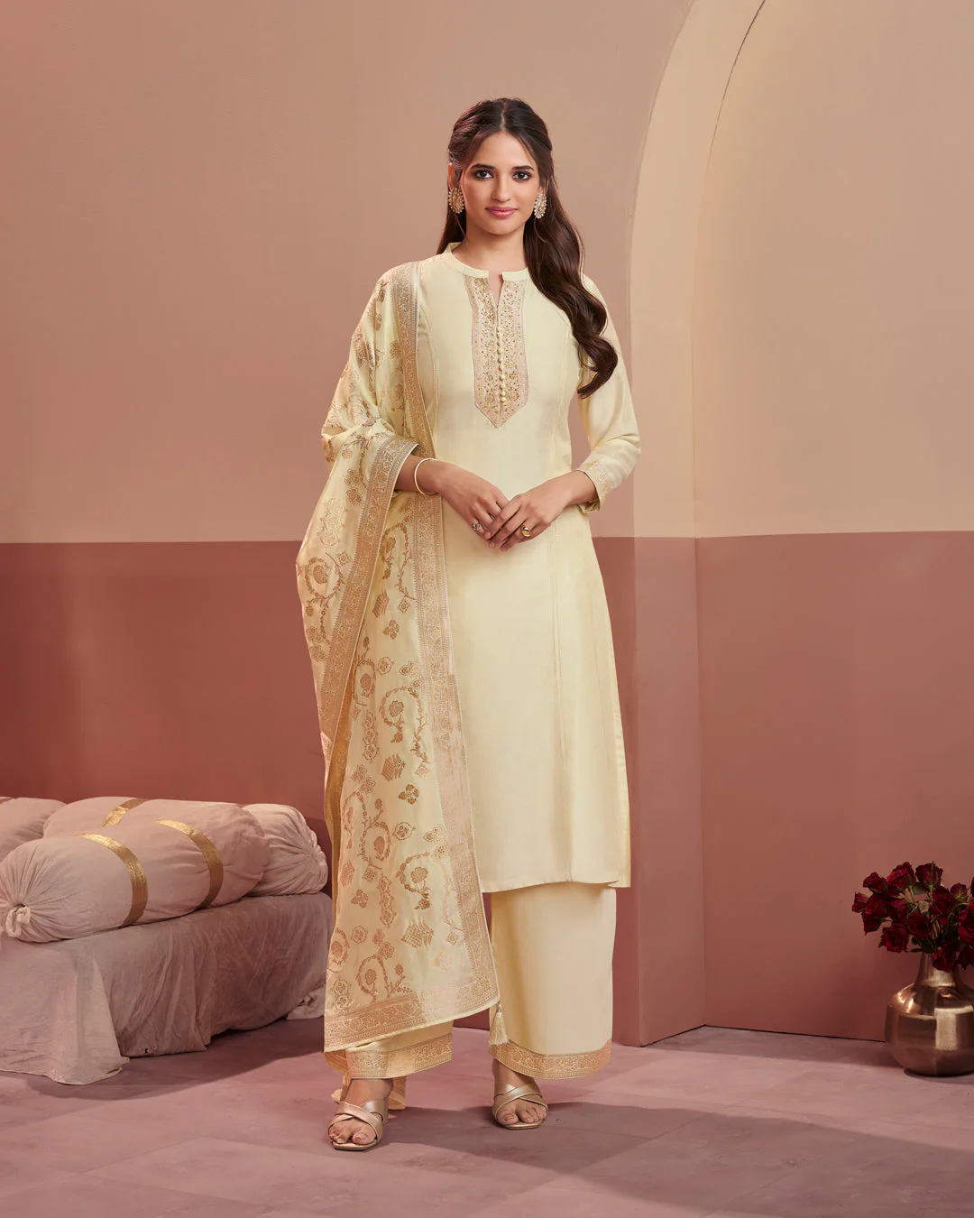 Champagne Royale Embellished Vichitra Silk Pant Set