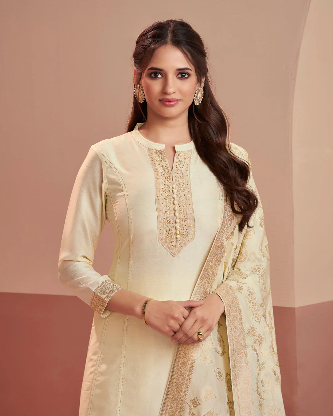 Champagne Royale Embellished Vichitra Silk Pant Set - Image 2