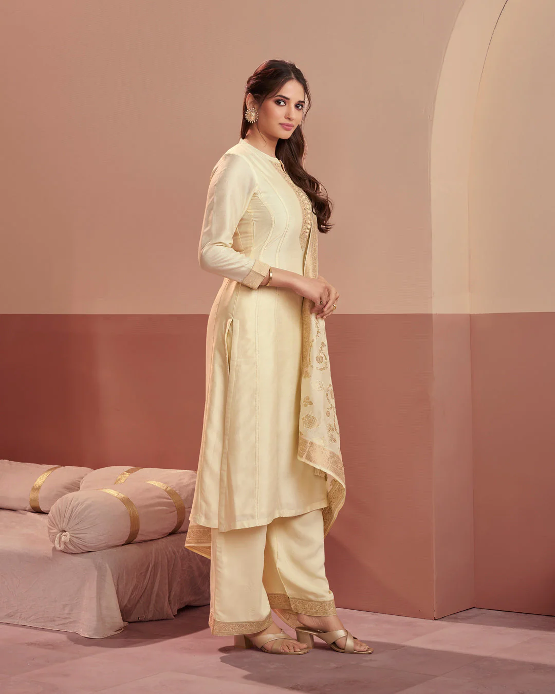 Champagne Royale Embellished Vichitra Silk Pant Set - Image 4