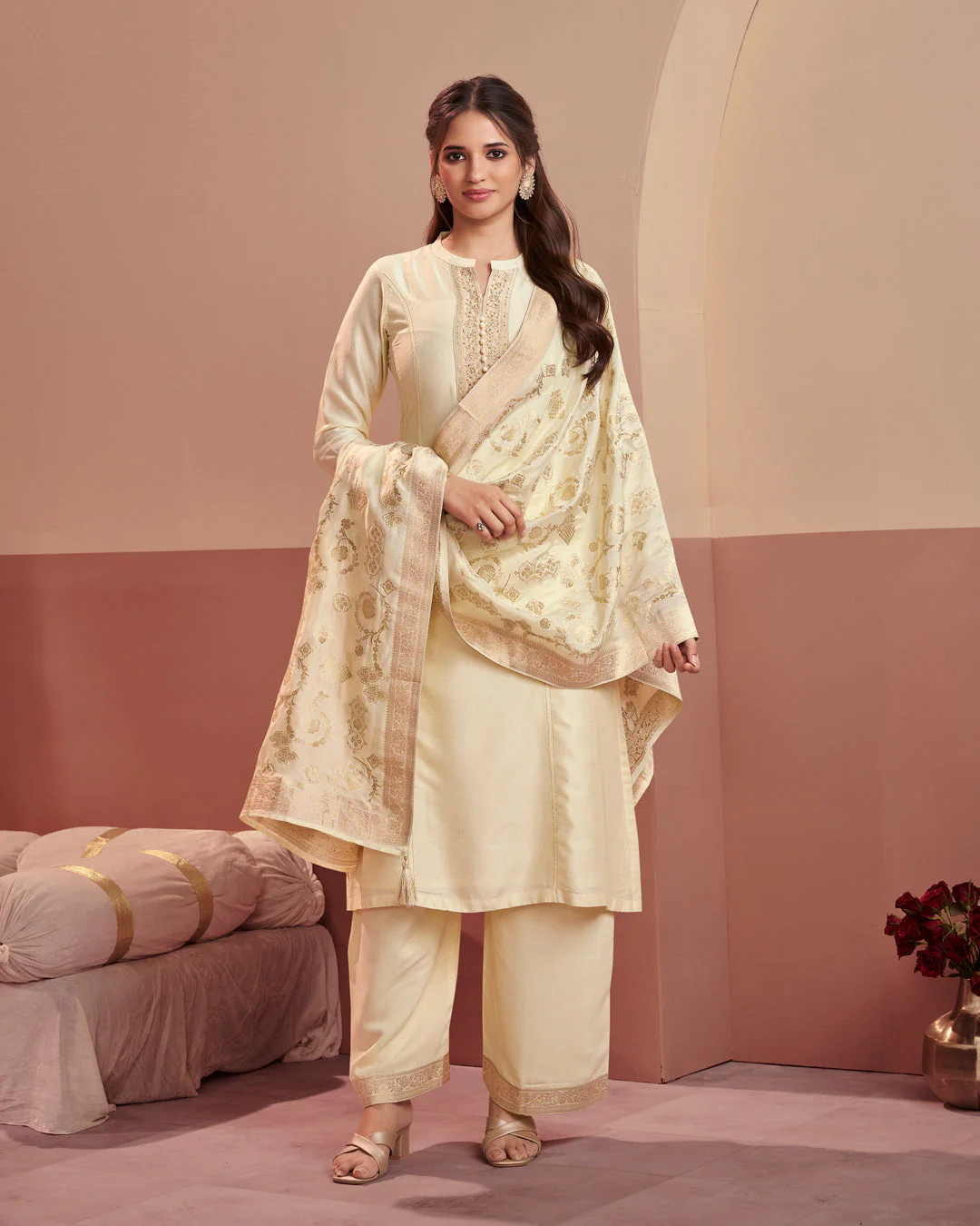 Champagne Royale Embellished Vichitra Silk Pant Set - Image 5