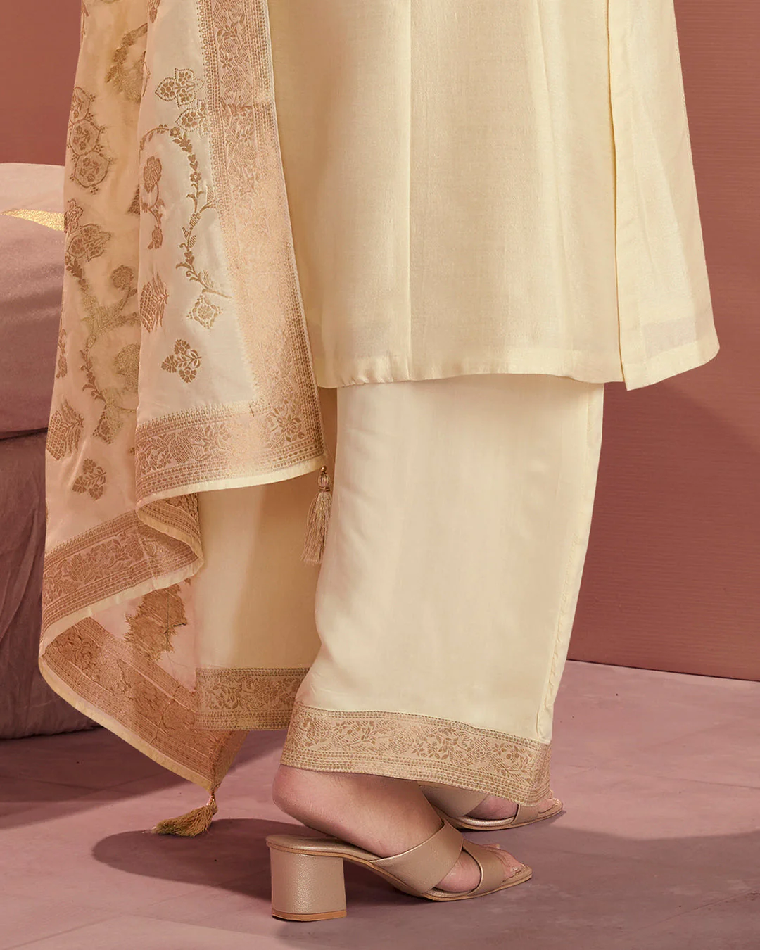 Champagne Royale Embellished Vichitra Silk Pant Set - Image 6