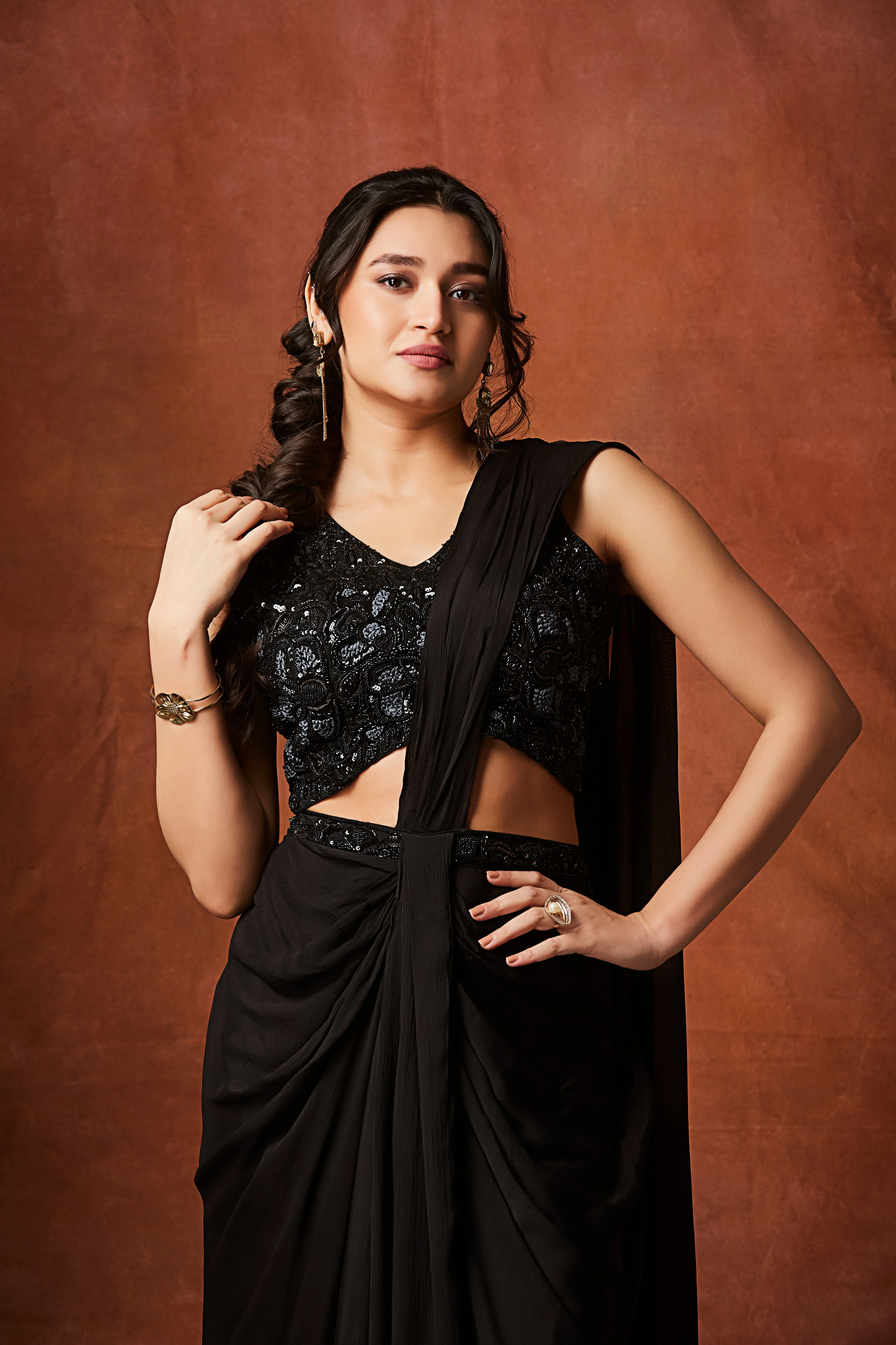 Hot Black Embellished Chinon Silk Drape Saree - Image 2
