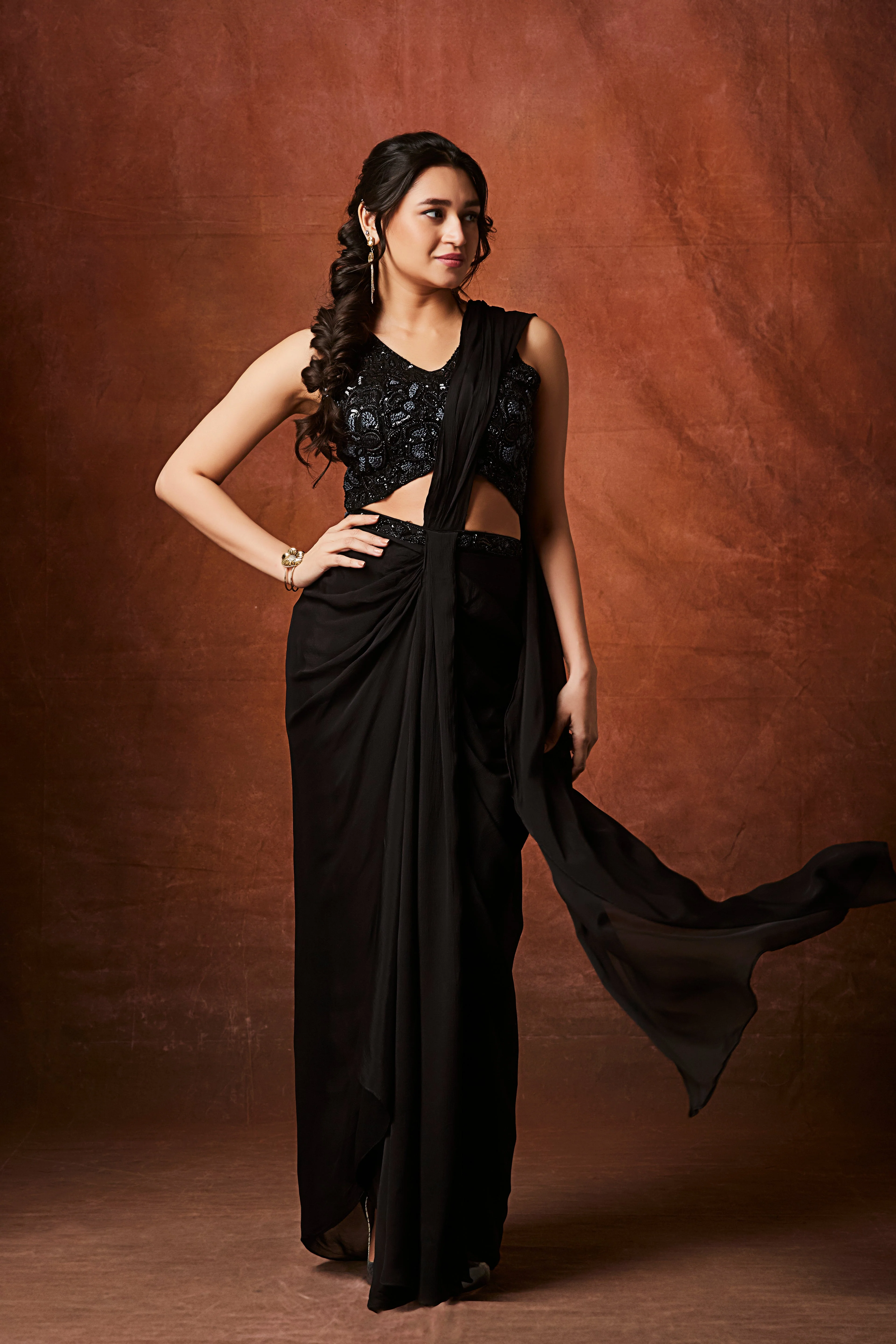Hot Black Embellished Chinon Silk Drape Saree - Image 4