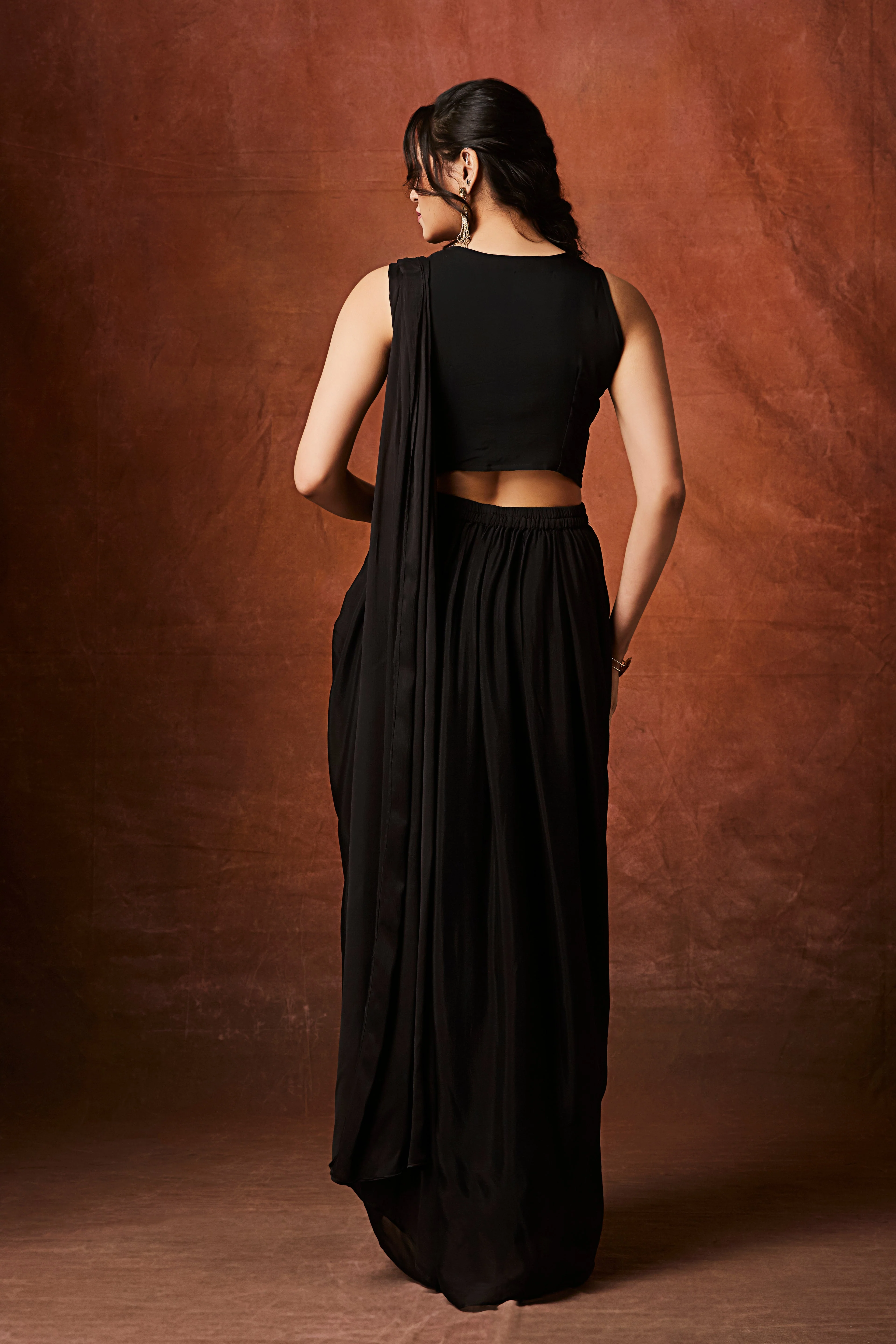 Hot Black Embellished Chinon Silk Drape Saree - Image 6