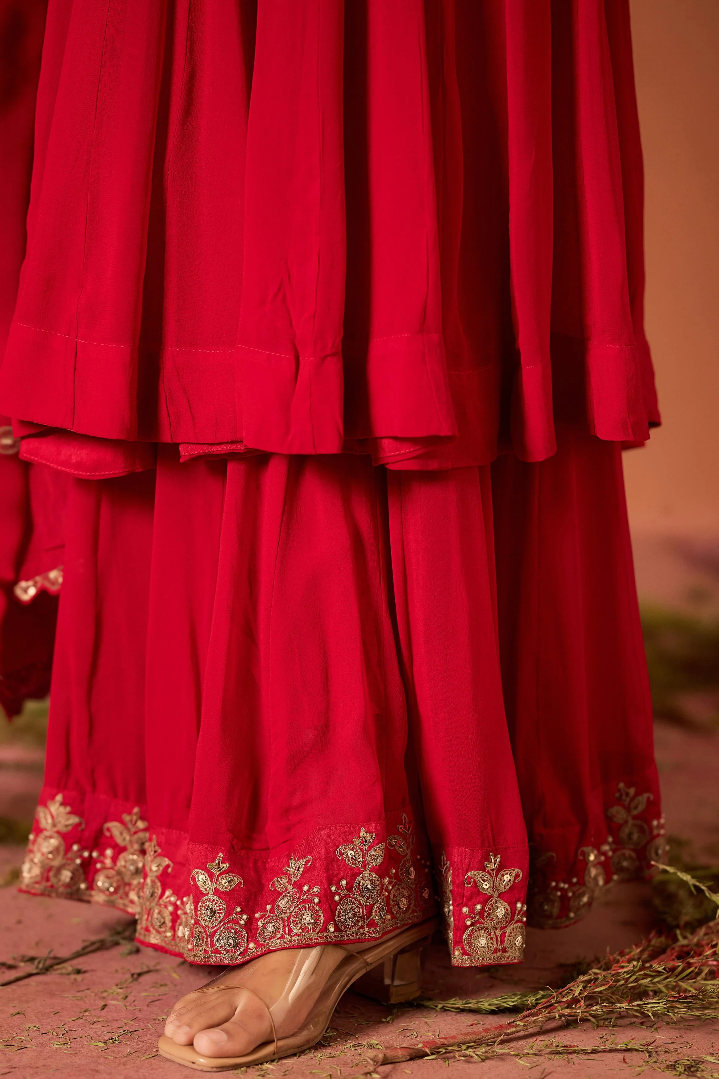 Hot Red Embellished Georgette Silk Sharara Set - Image 3