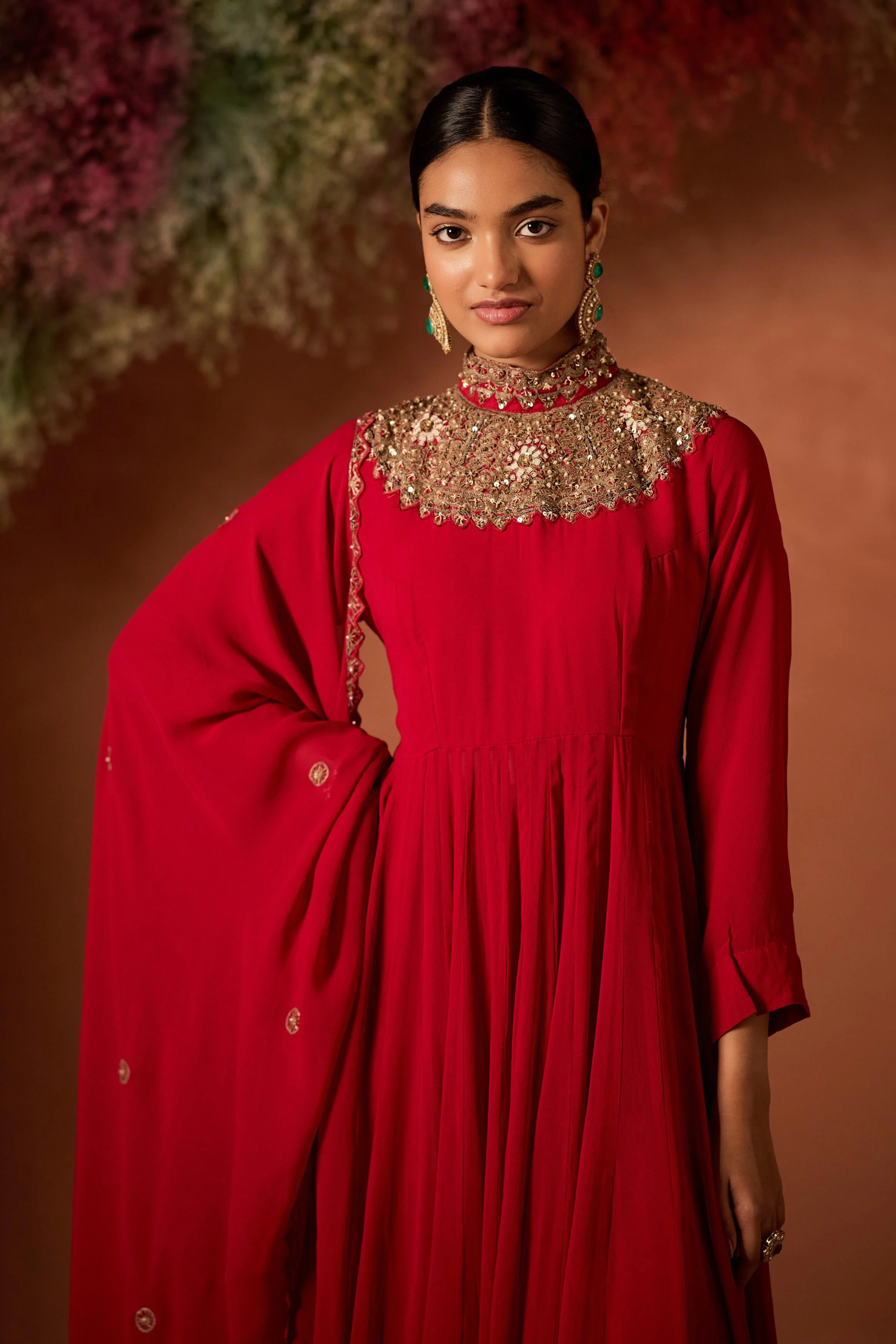 Hot Red Embellished Georgette Silk Sharara Set - Image 4
