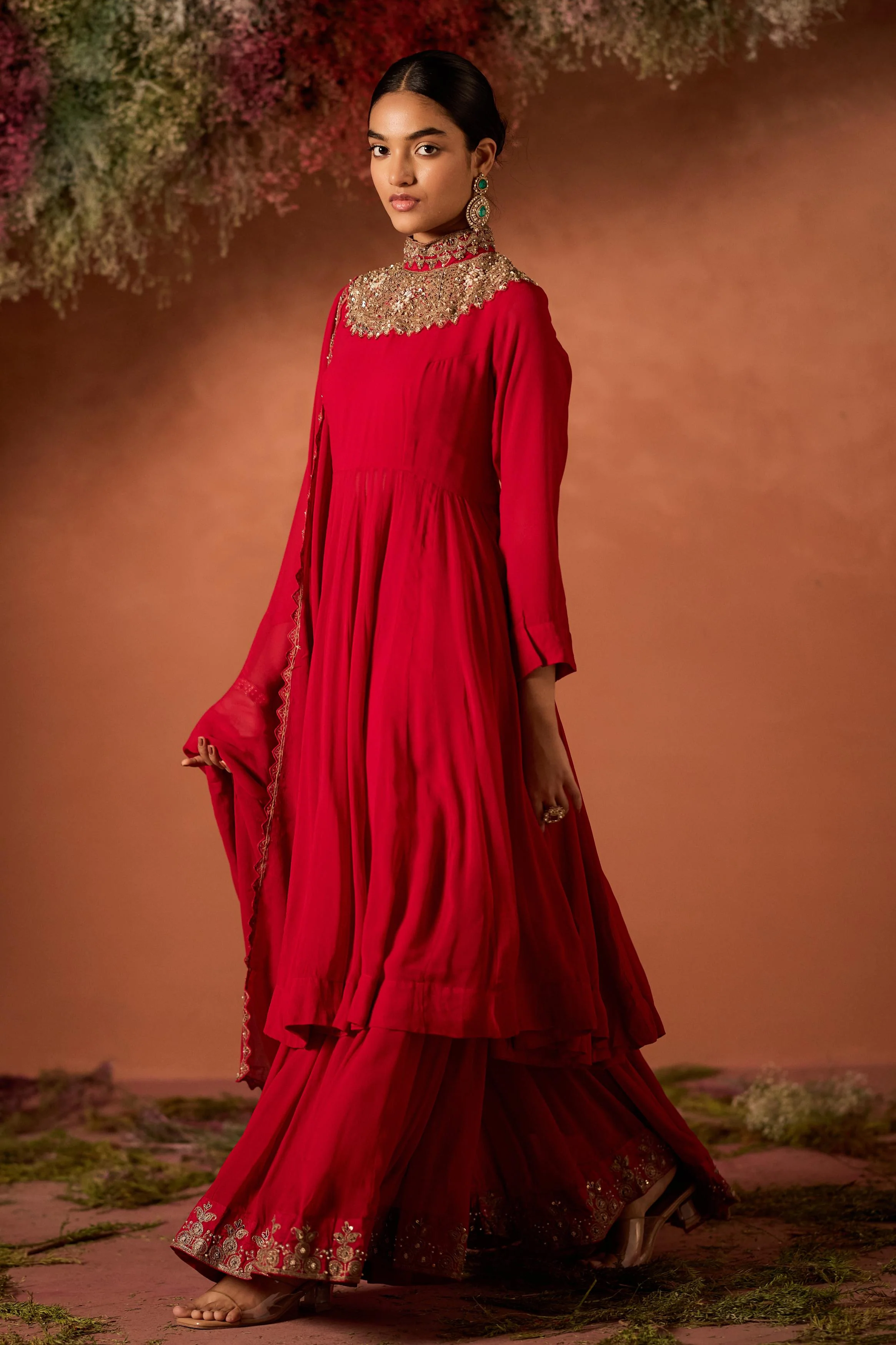 Hot Red Embellished Georgette Silk Sharara Set - Image 5