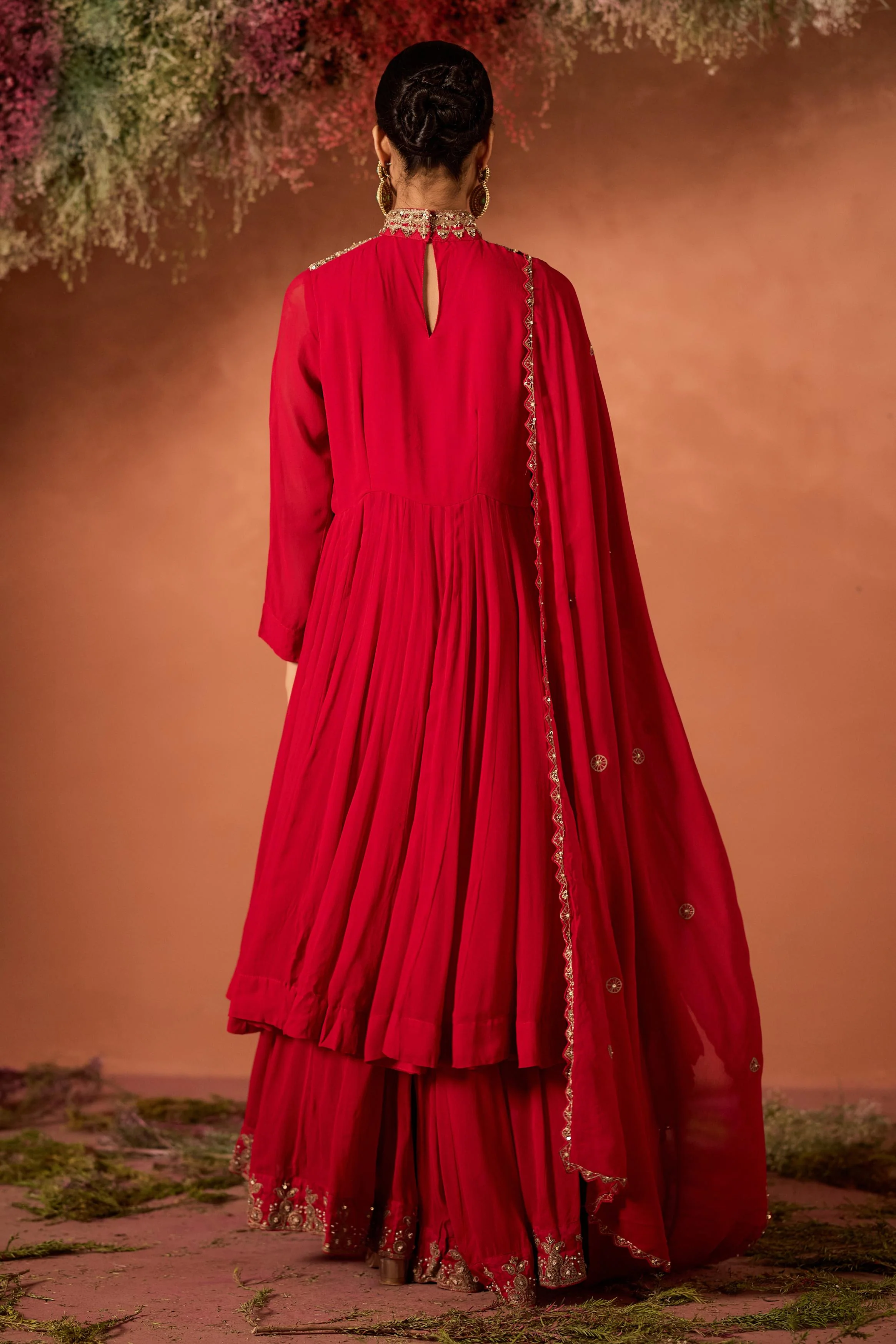 Hot Red Embellished Georgette Silk Sharara Set - Image 6