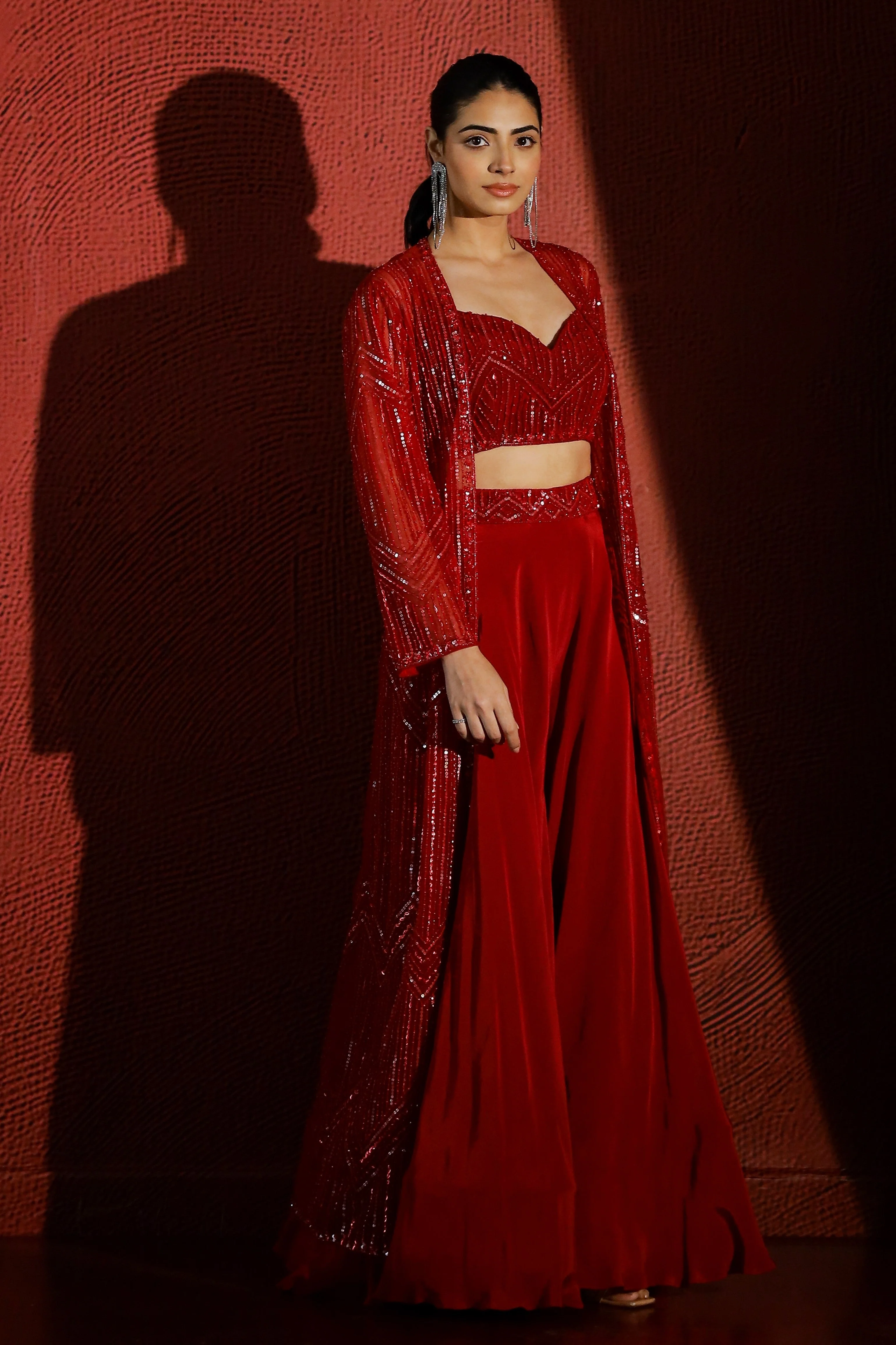 Hot Red Embellished Premium Net Shrug & Palazzo Set - Image 3