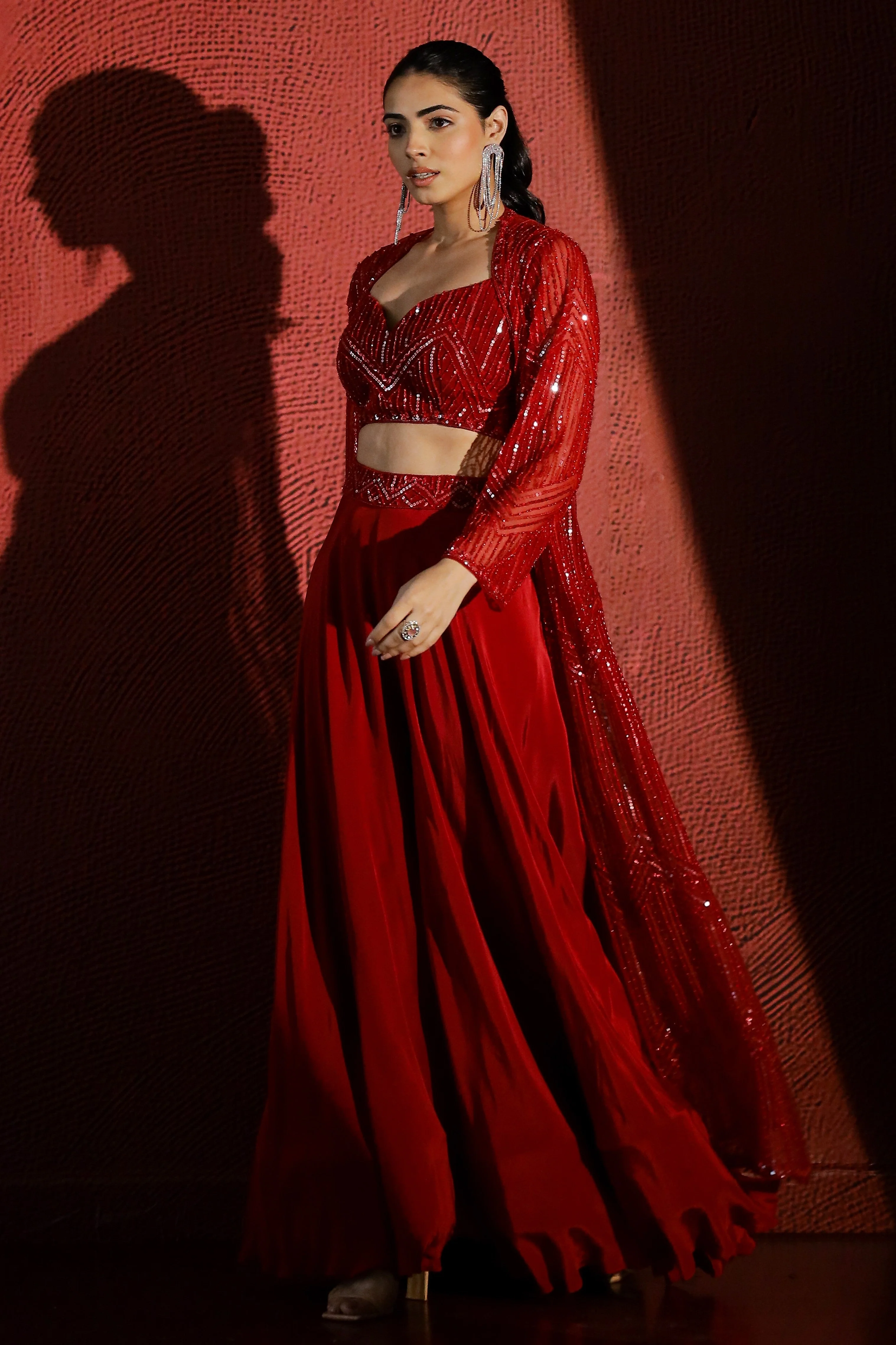 Hot Red Embellished Premium Net Shrug & Palazzo Set - Image 4
