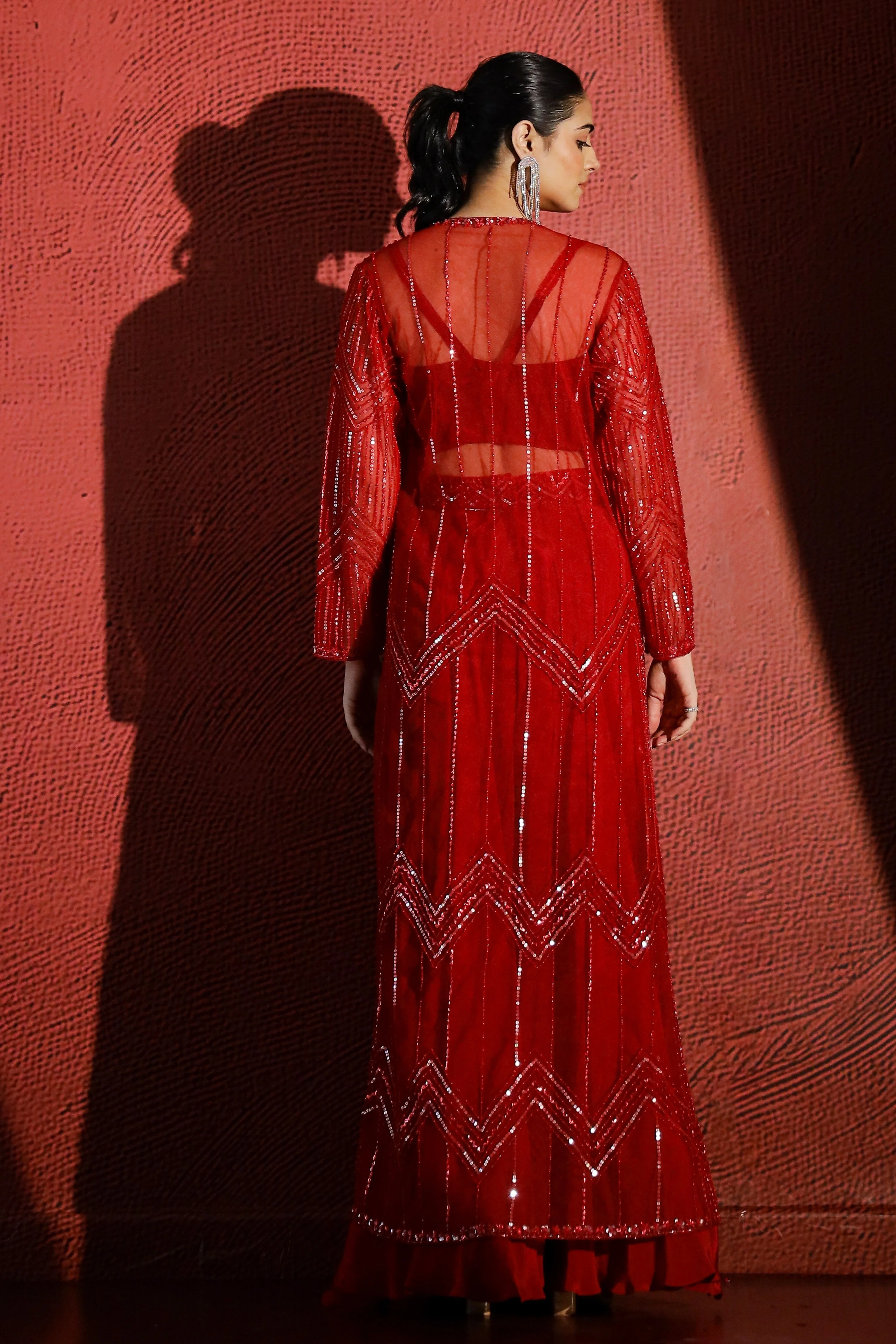 Hot Red Embellished Premium Net Shrug & Palazzo Set - Image 5