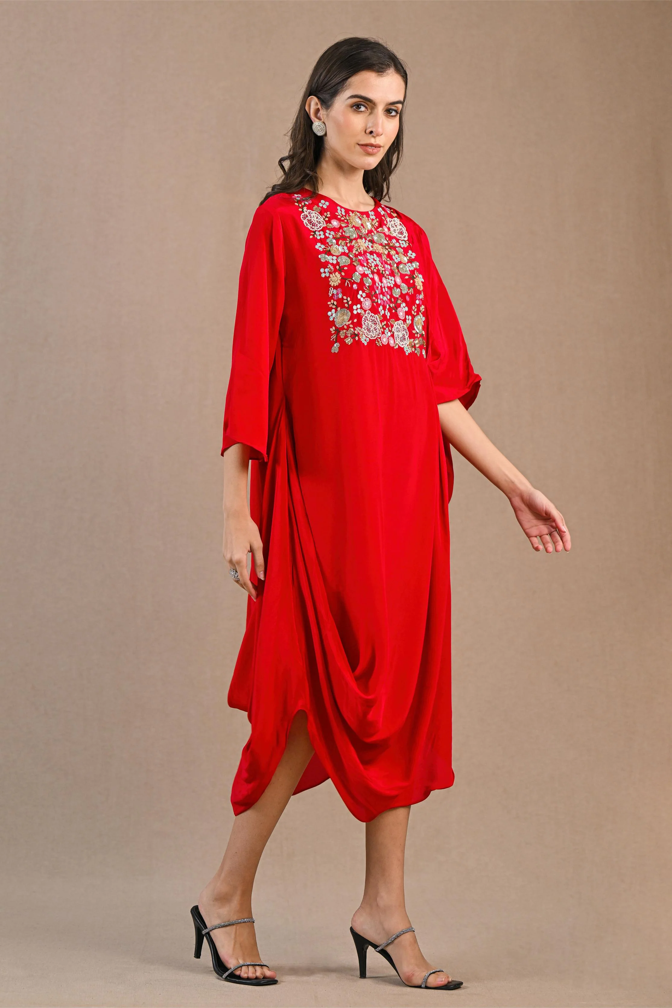 Hot Red Embroidered Crepe Silk Dress - Image 3