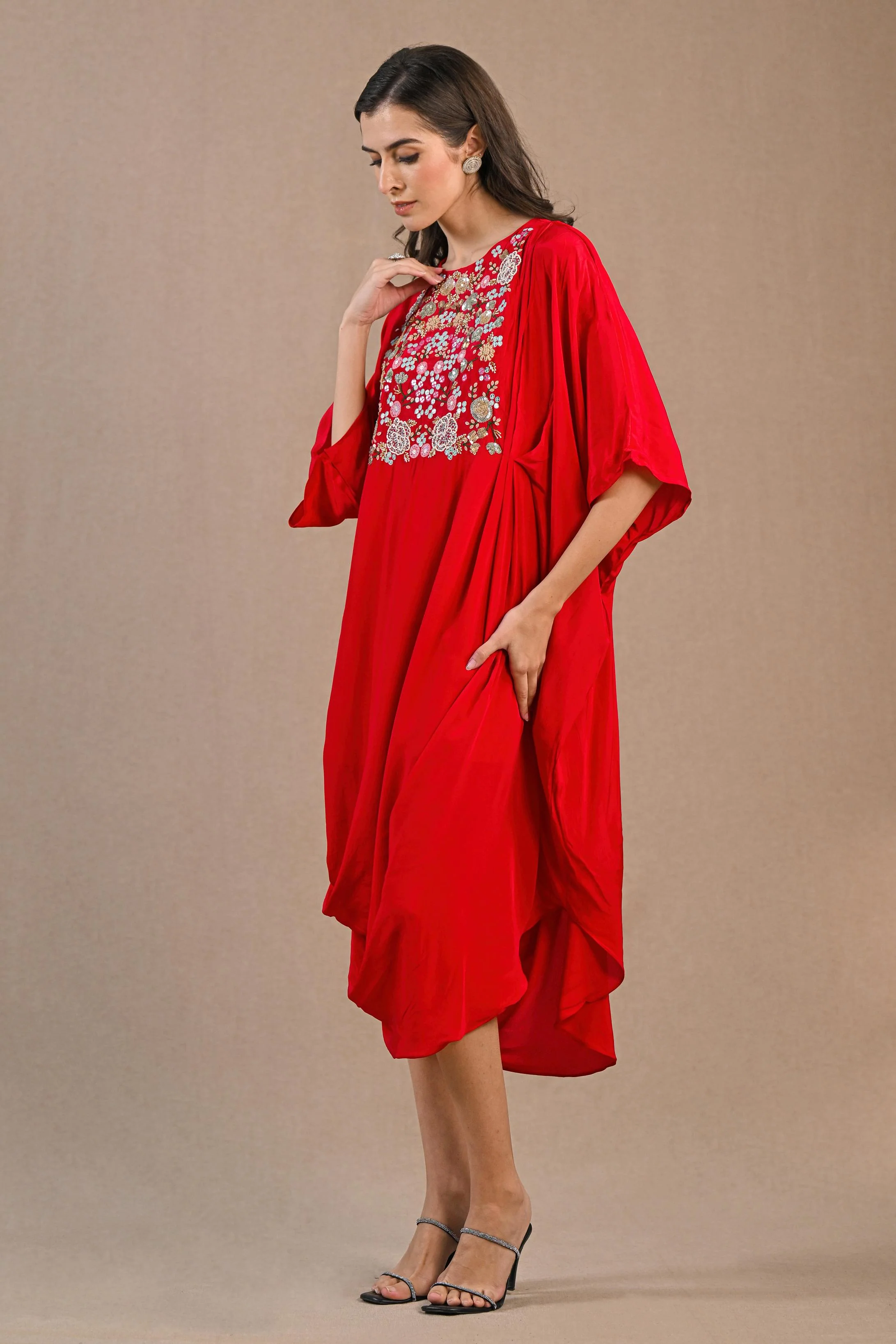 Hot Red Embroidered Crepe Silk Dress - Image 4