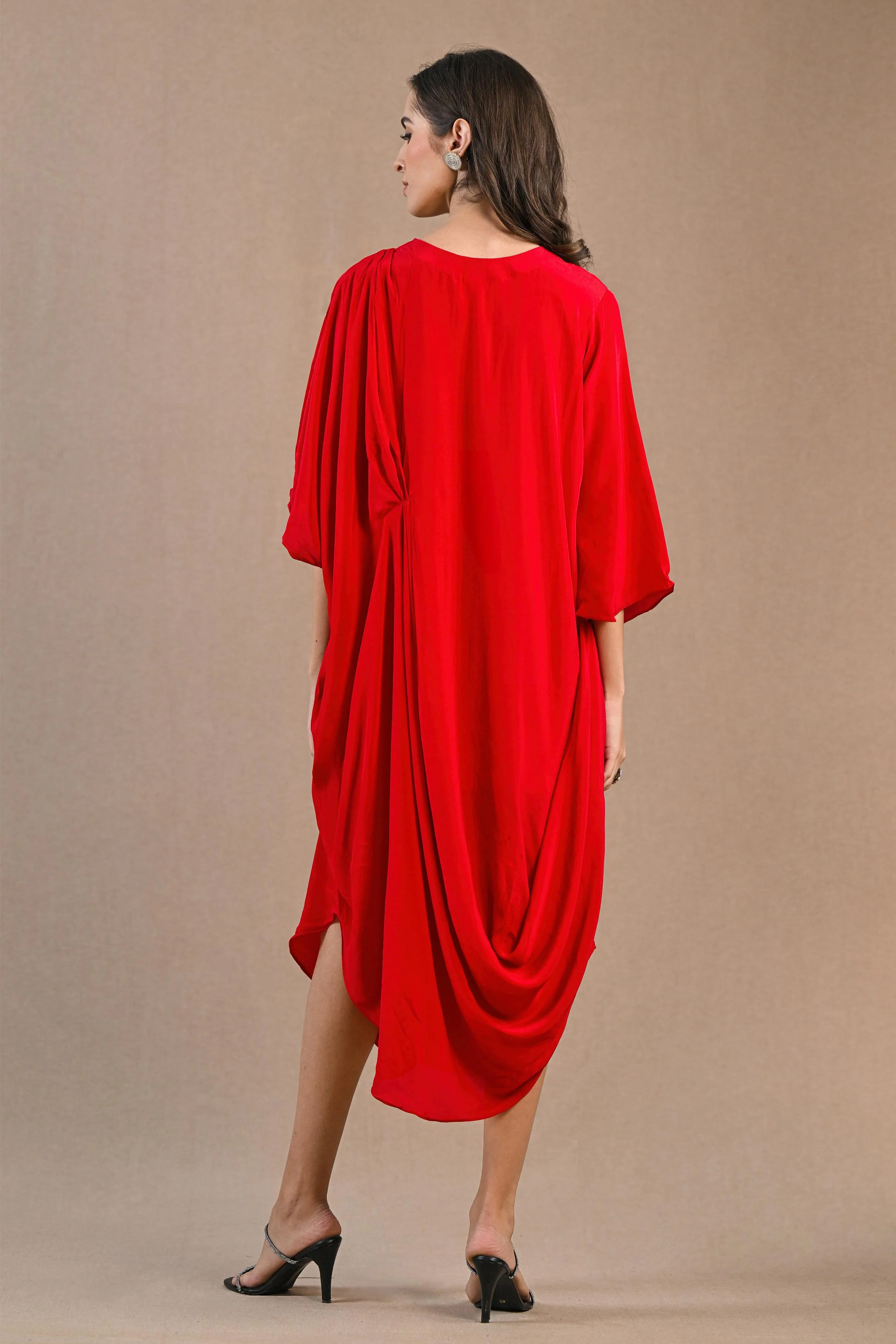 Hot Red Embroidered Crepe Silk Dress - Image 5
