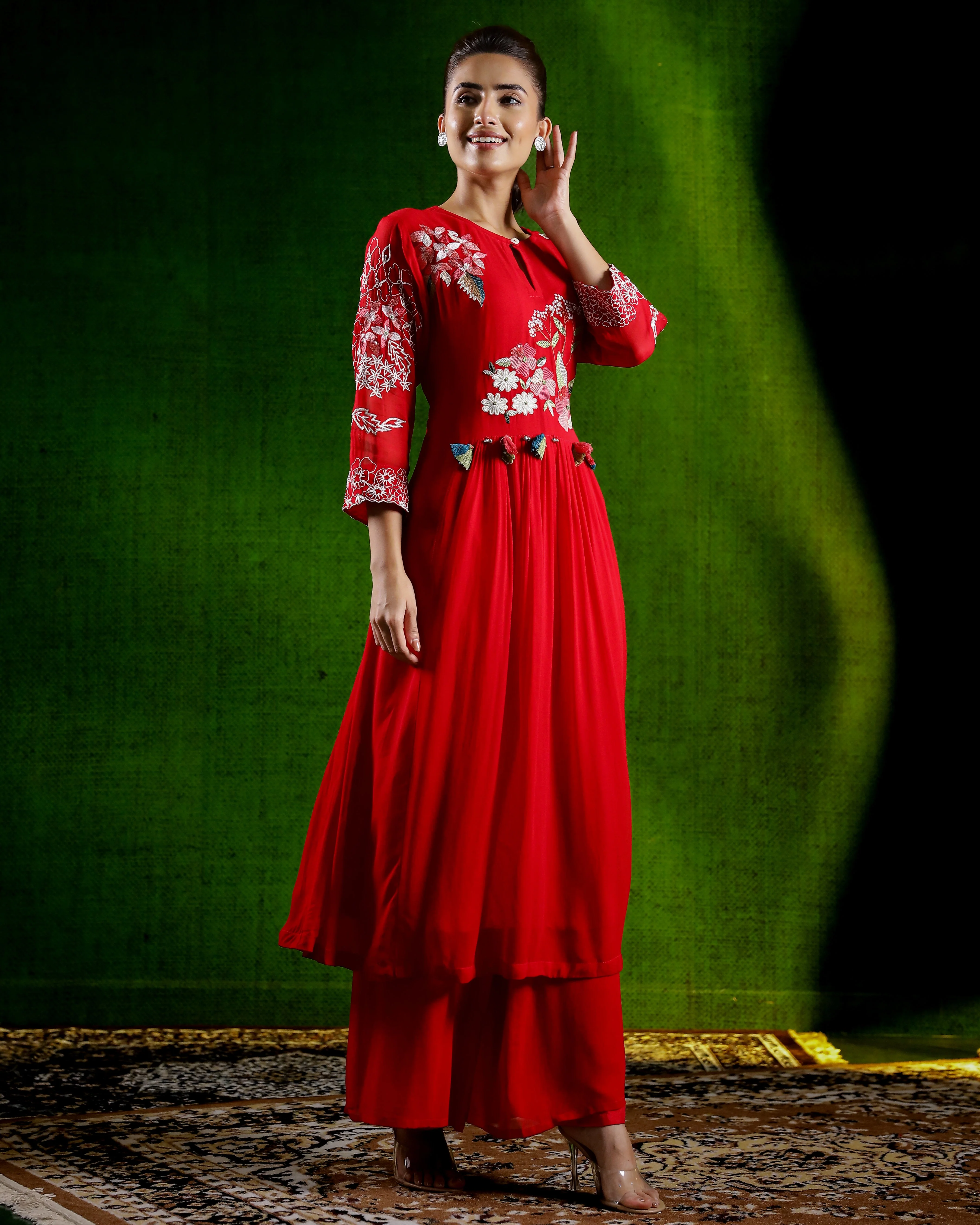 Hot Red Embroidered Silk Palazzo Set - Image 3