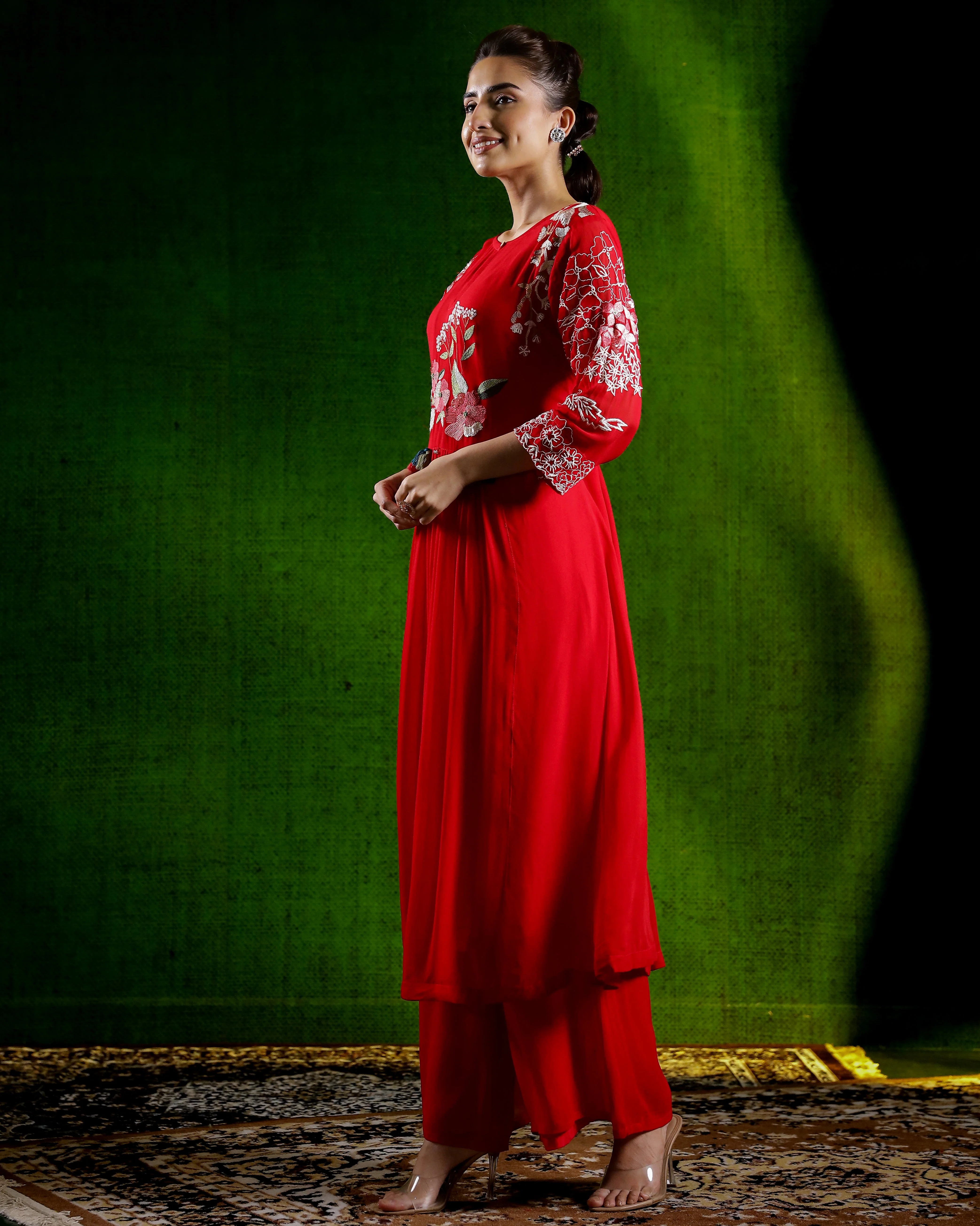 Hot Red Embroidered Silk Palazzo Set - Image 4
