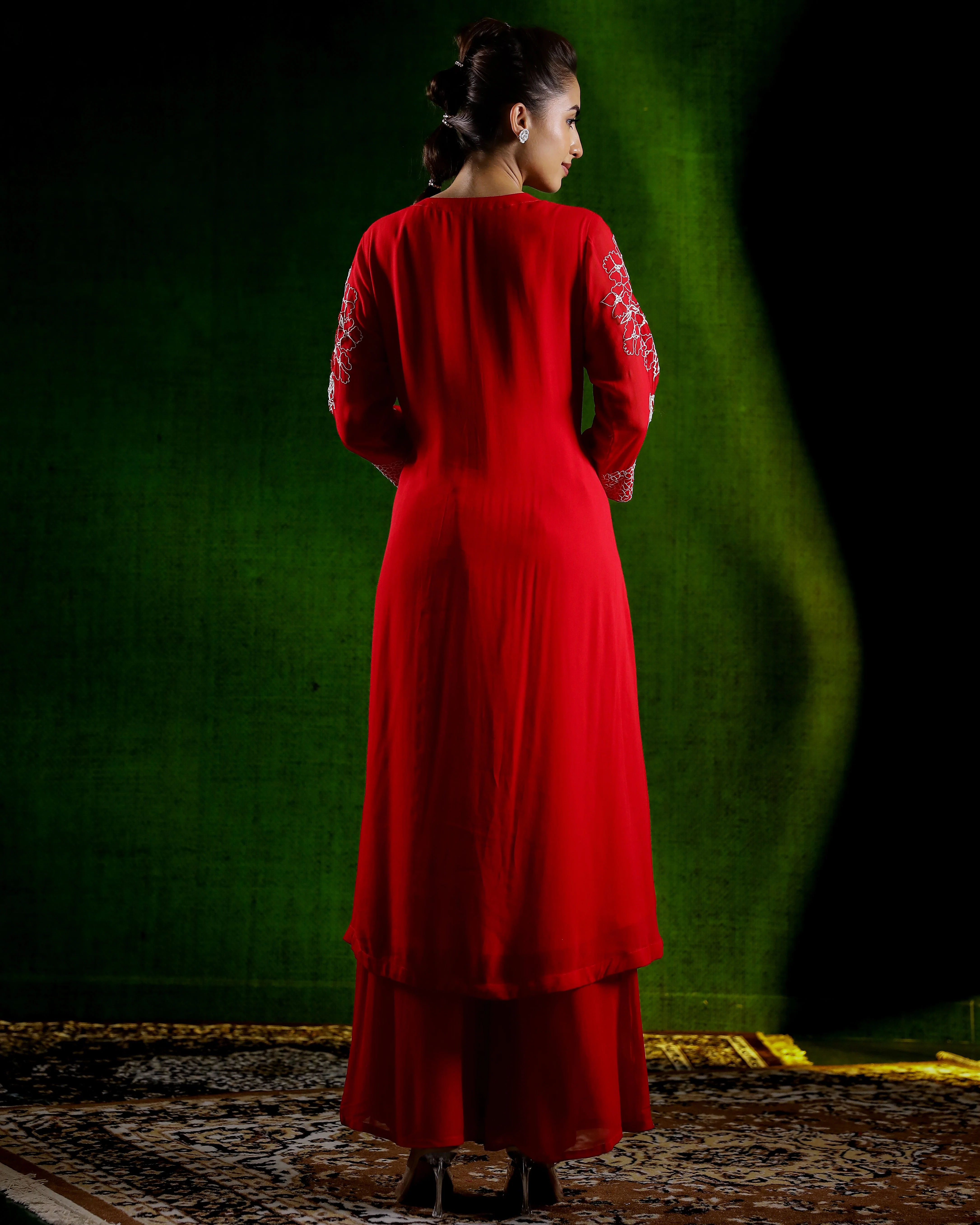 Hot Red Embroidered Silk Palazzo Set - Image 5