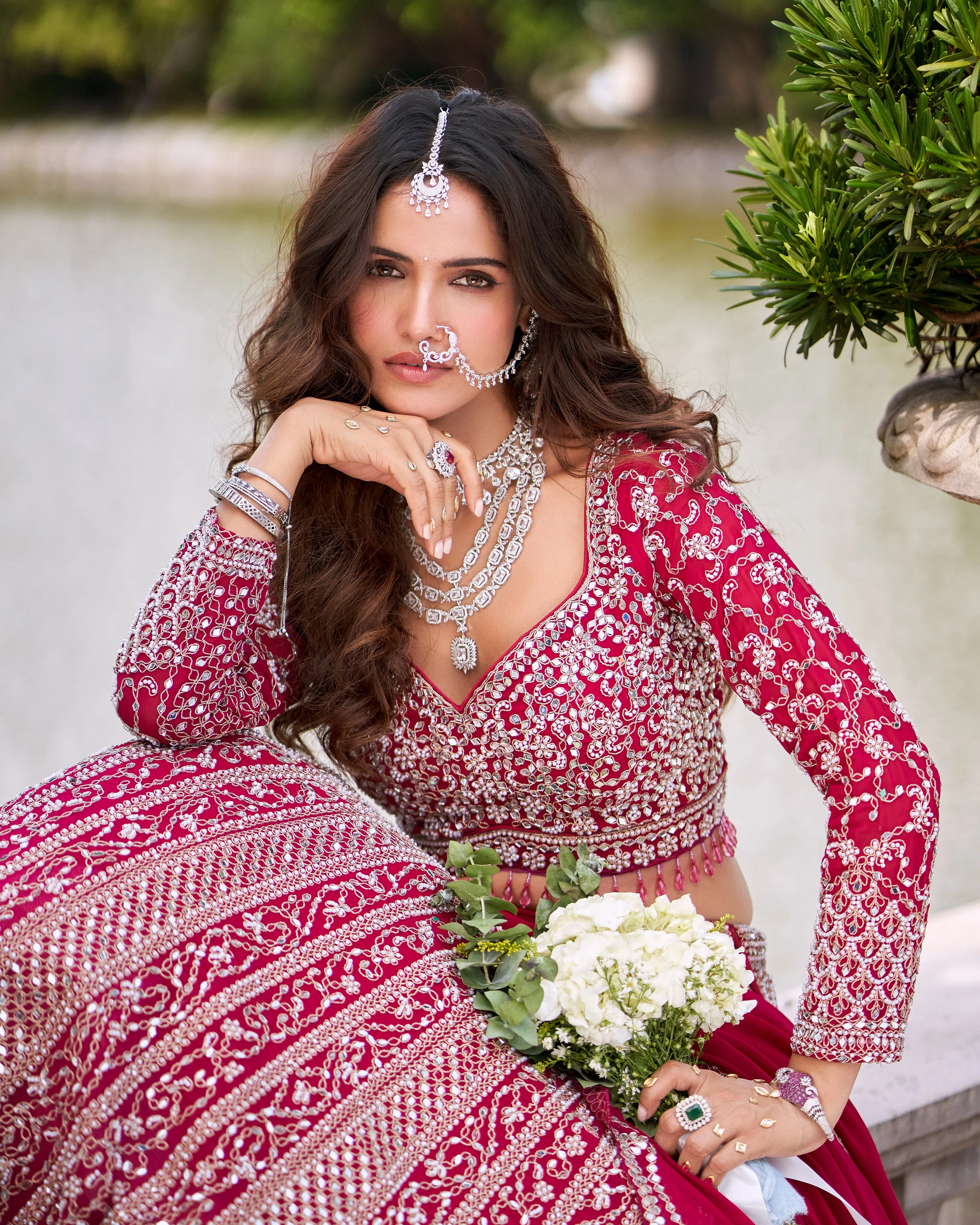 Hot Pink Embellished Georgette Silk Lehenga Set - Image 3