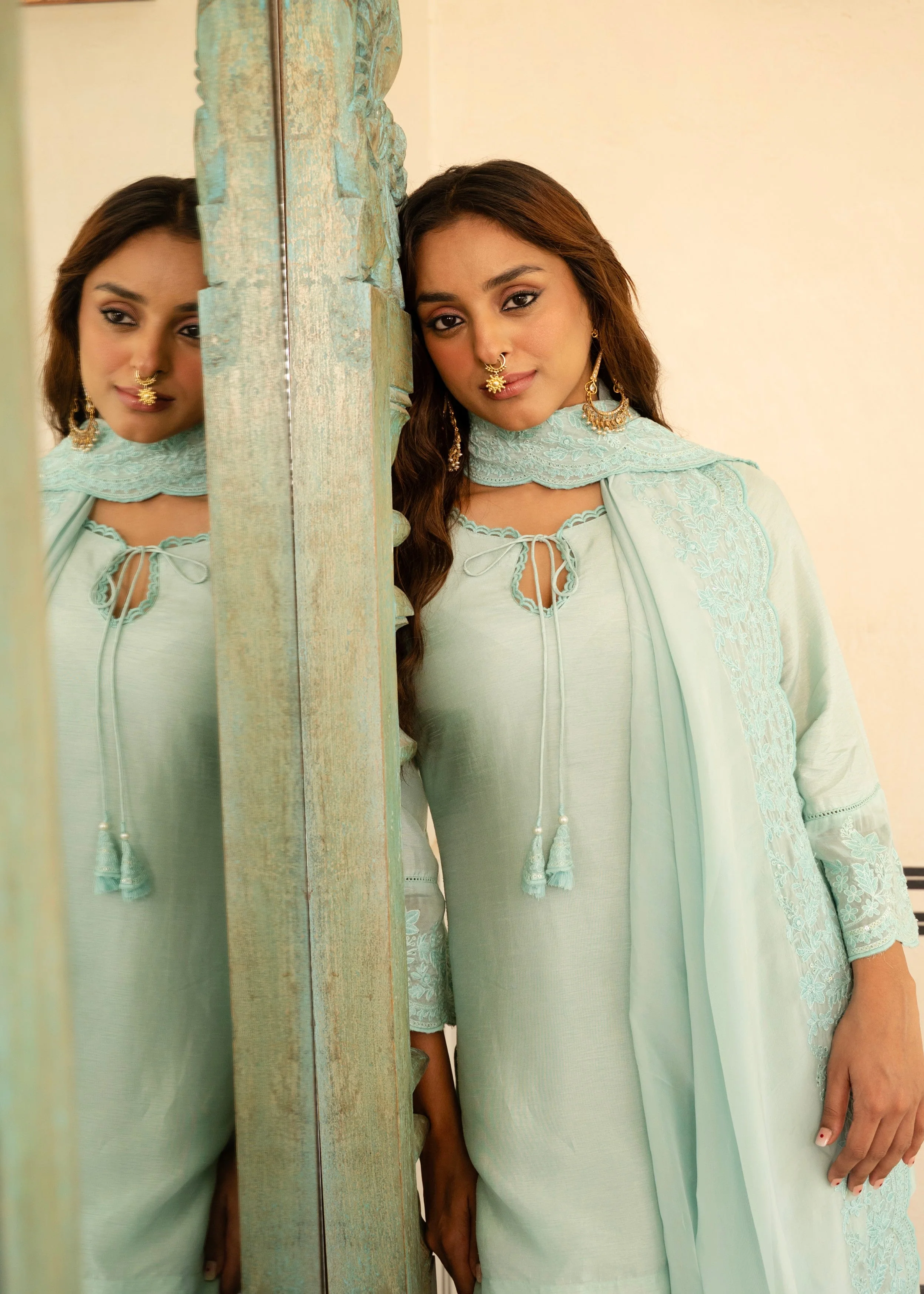 Ice Blue Chikankari Dola Silk Salwar Pant Set - Image 3