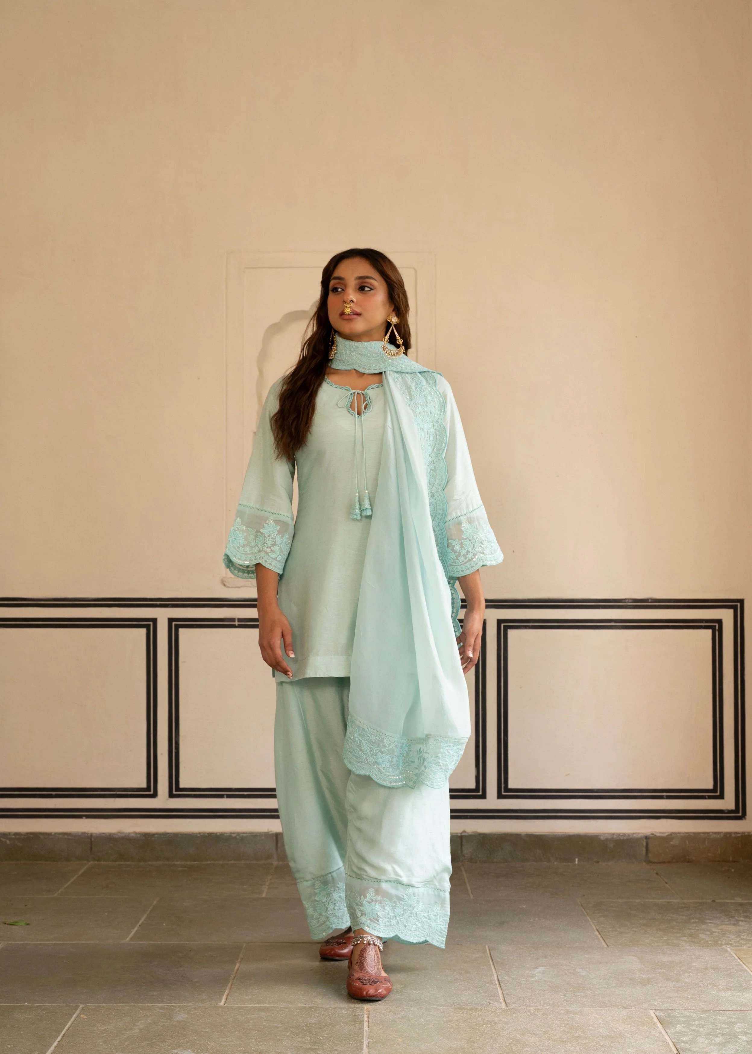 Ice Blue Chikankari Dola Silk Salwar Pant Set - Image 4