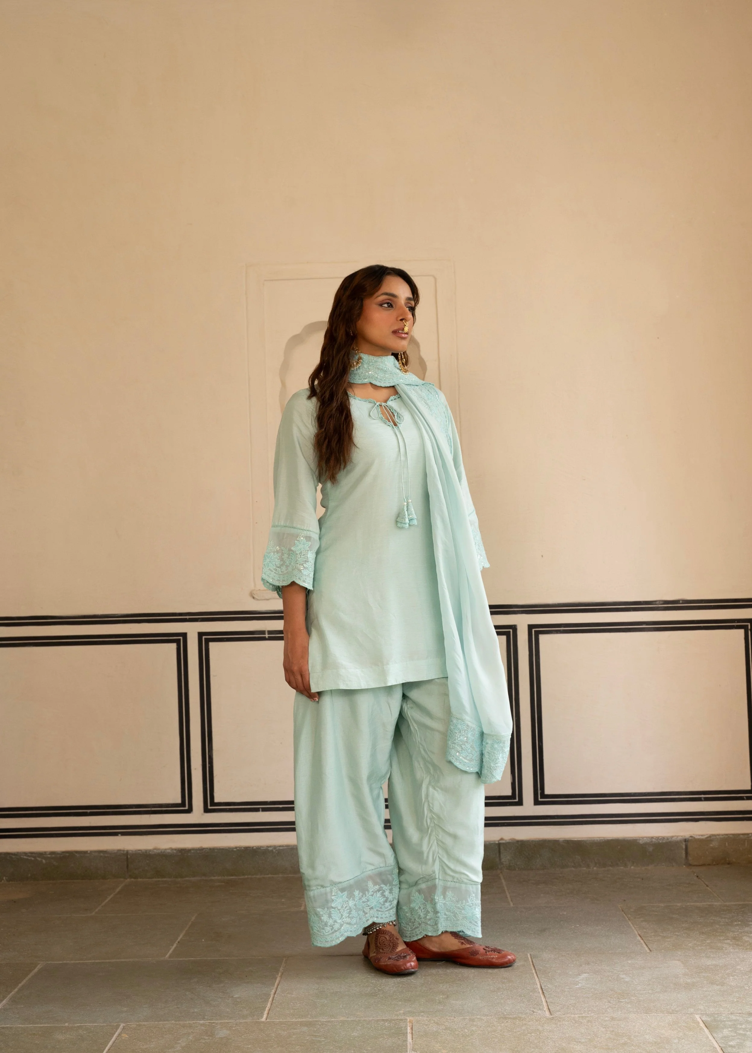 Ice Blue Chikankari Dola Silk Salwar Pant Set - Image 5