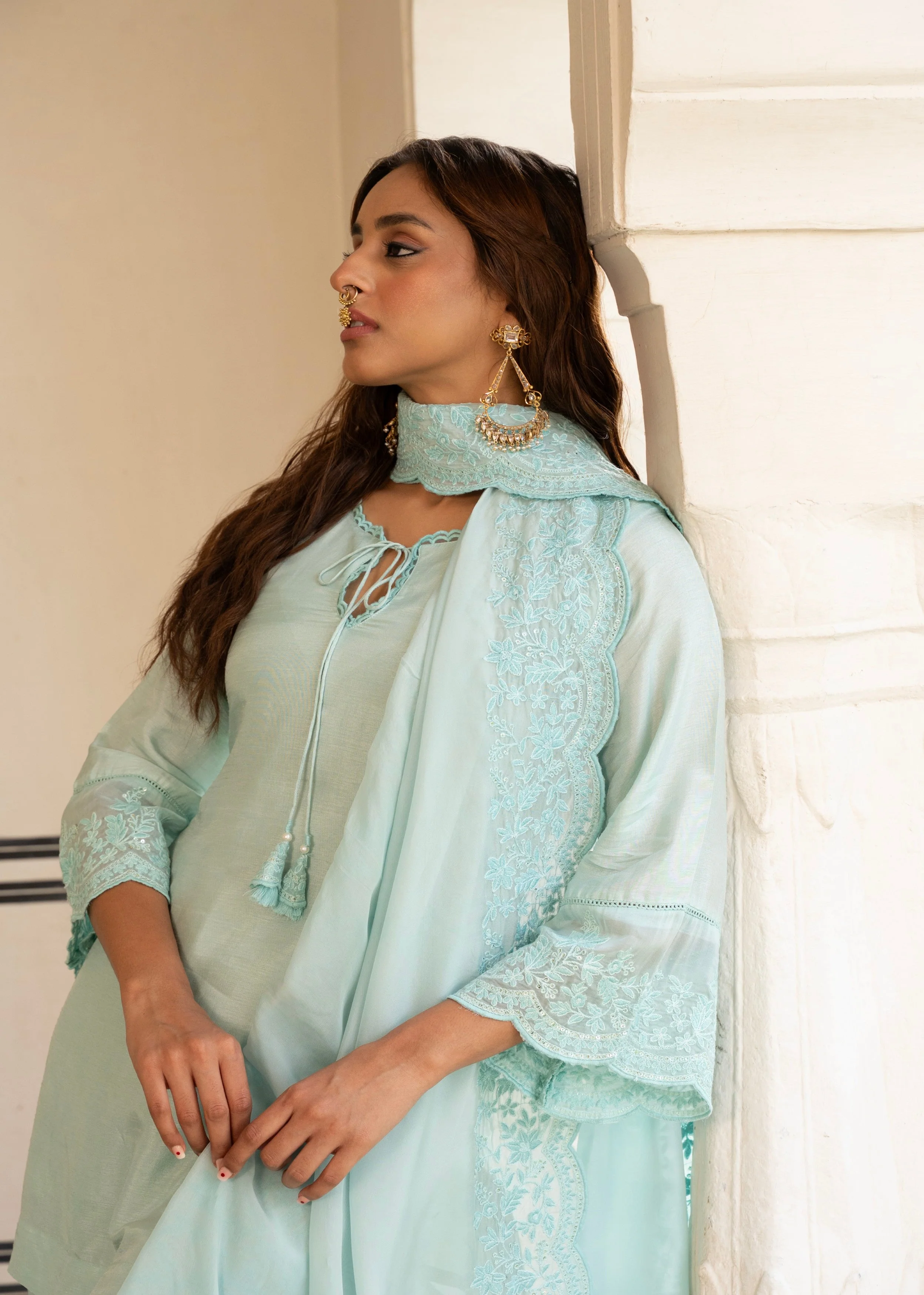 Ice Blue Chikankari Dola Silk Salwar Pant Set - Image 6