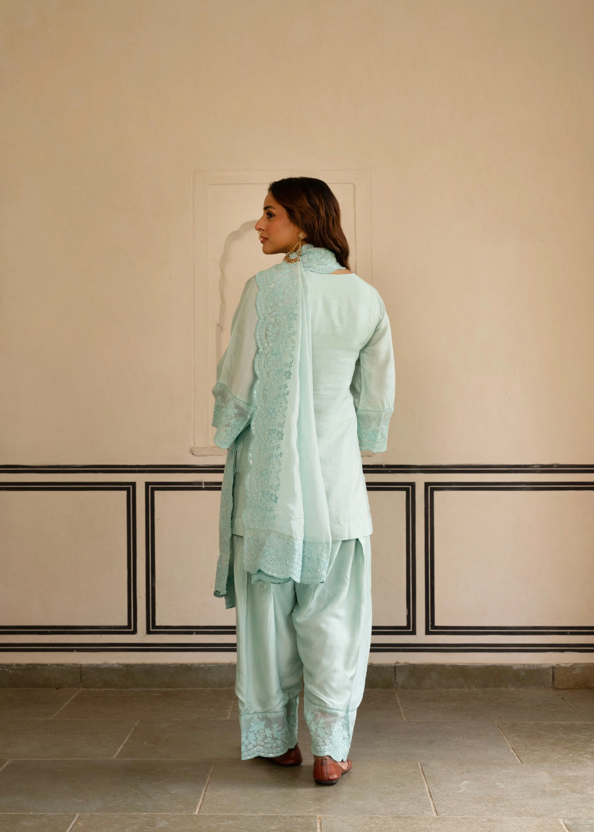 Ice Blue Chikankari Dola Silk Salwar Pant Set - Image 7