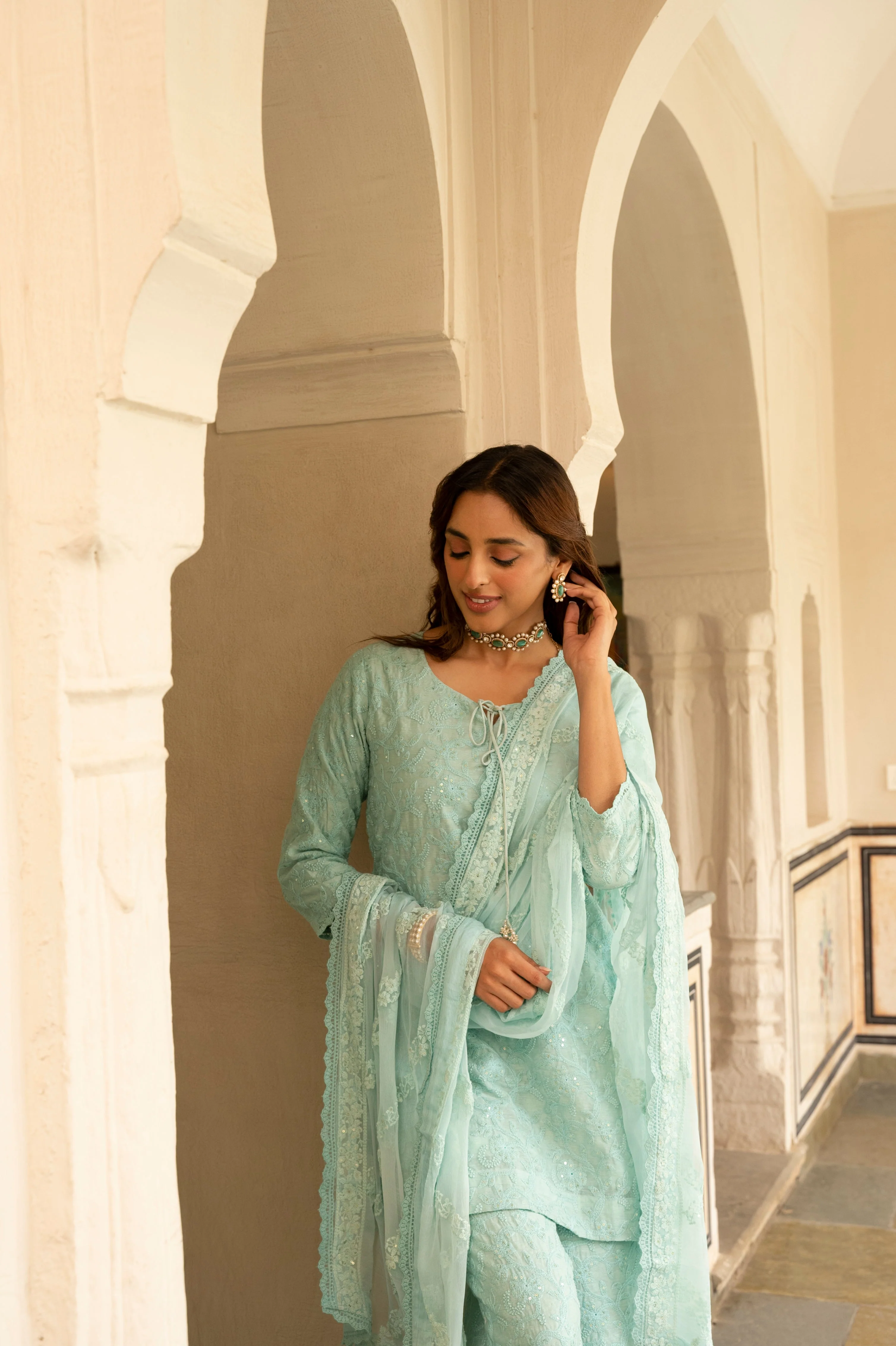 Ice Blue Embroidered Chanderi Silk Pant Set - Image 3
