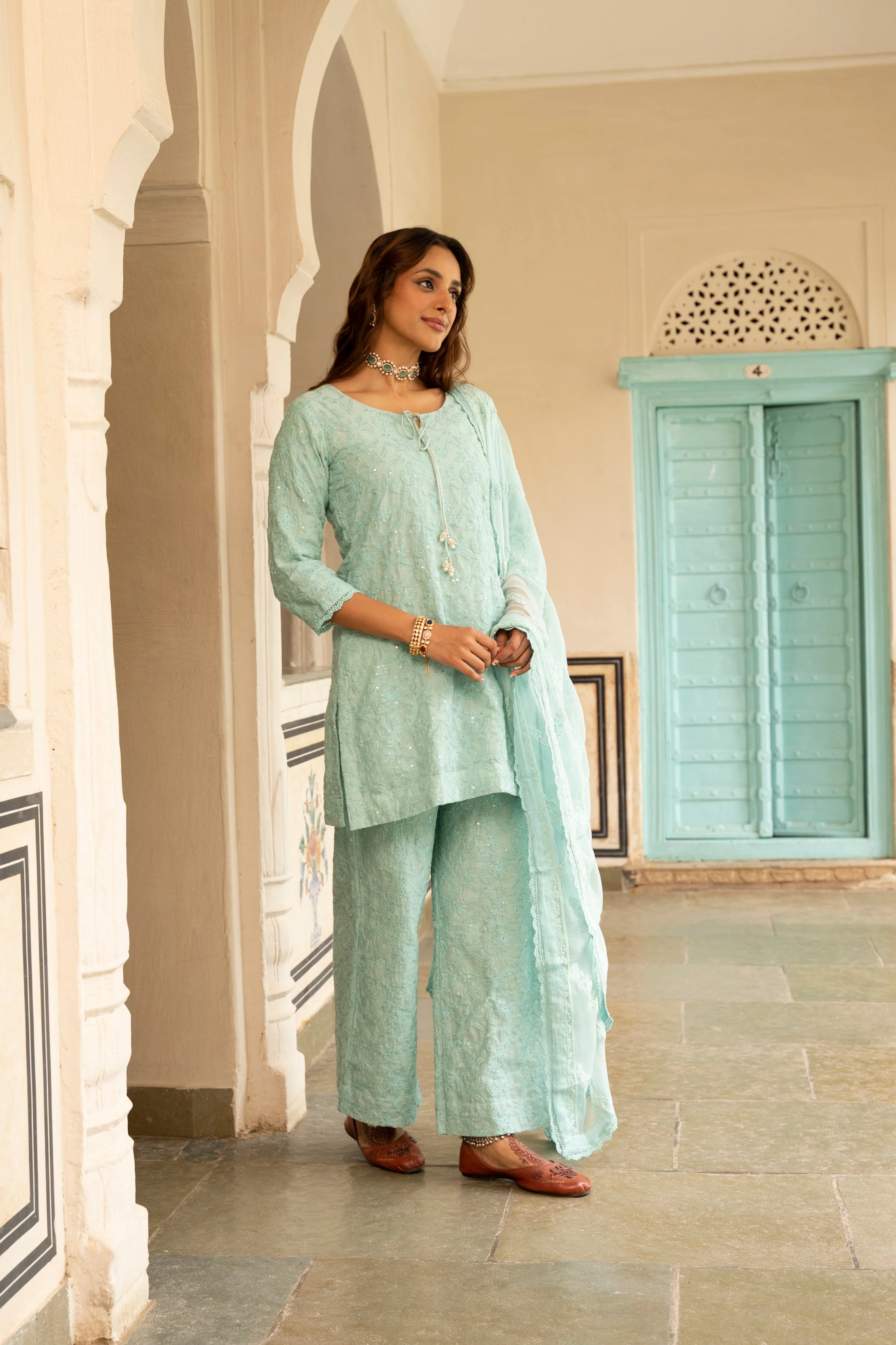 Ice Blue Embroidered Chanderi Silk Pant Set - Image 4